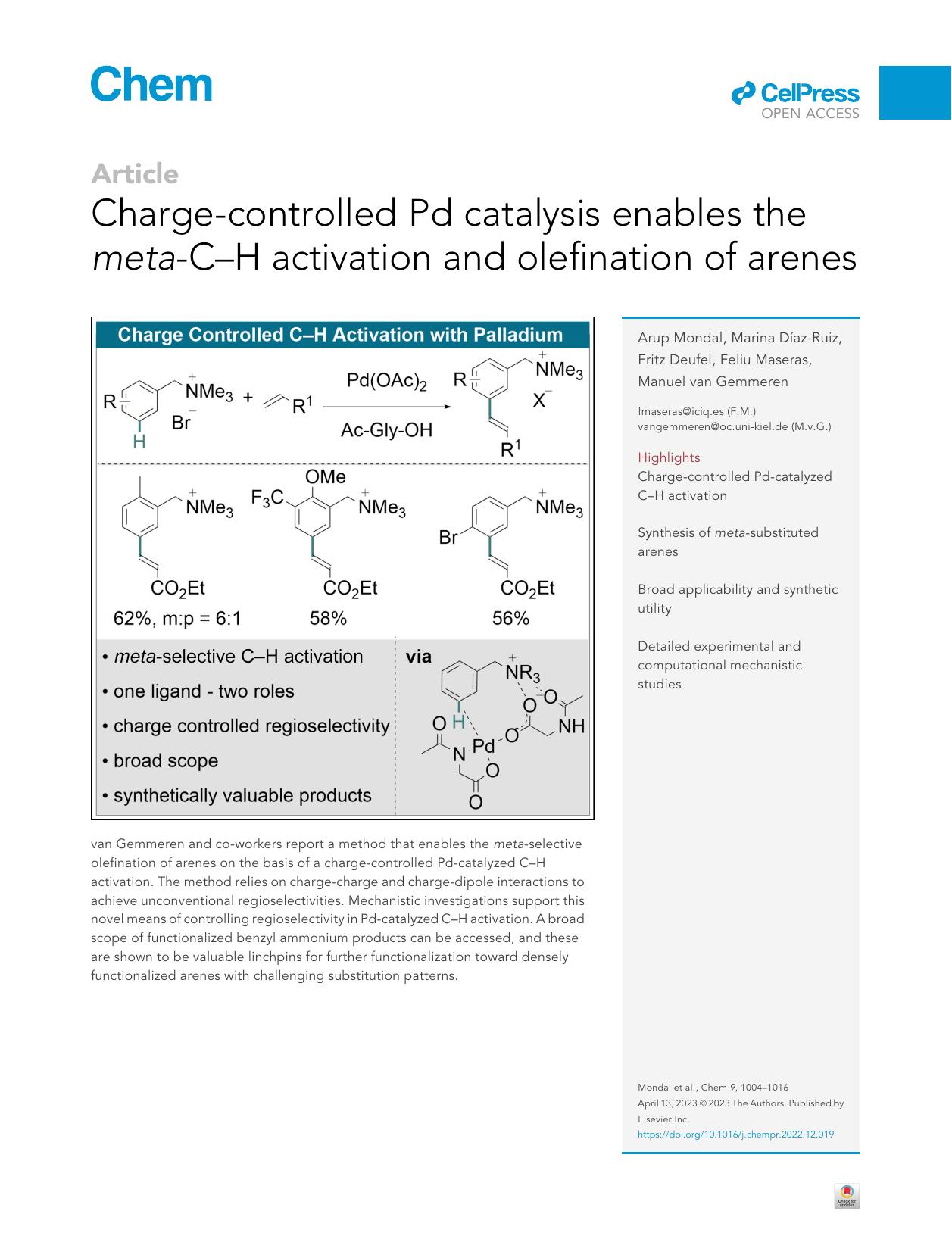 Charge-controlled Pd catalysis enables the meta-C-H activation and olefination of arenes by Arup Mondal & Marina Díaz-Ruiz & Fritz Deufel & Feliu Maseras & Manuel van Gemmeren