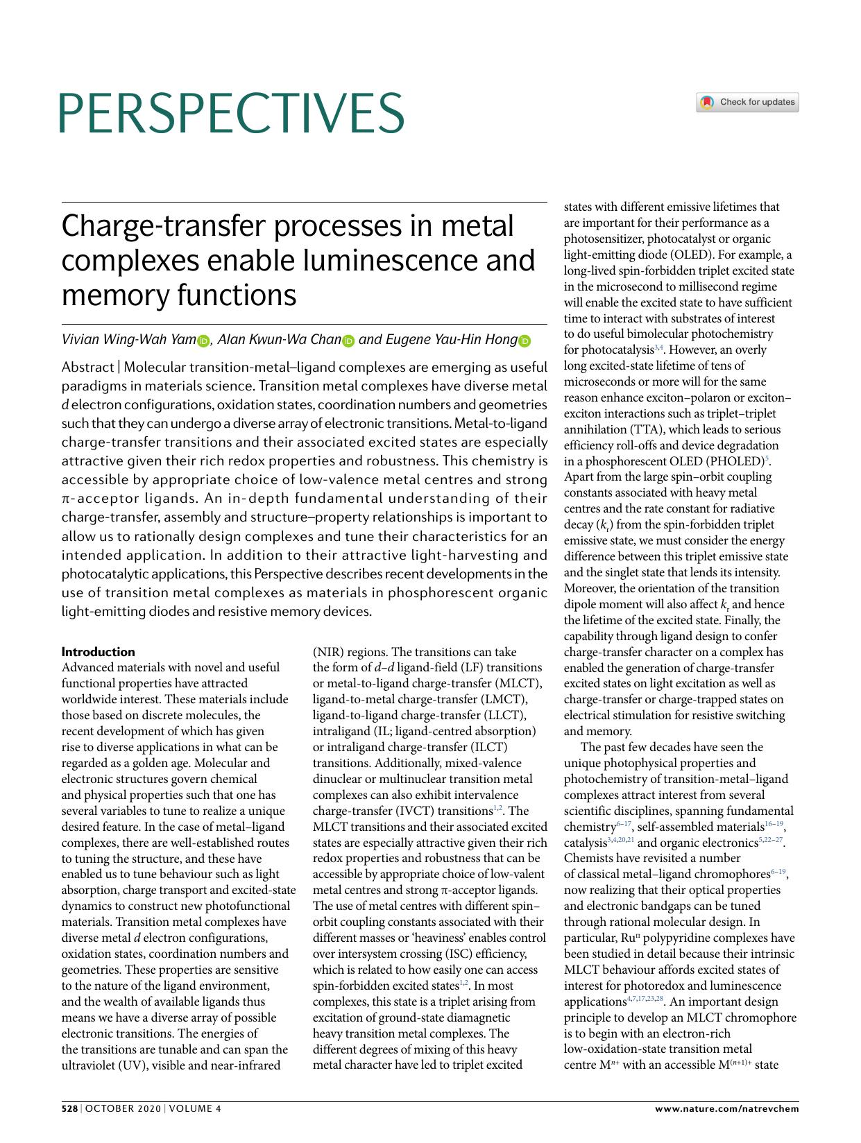 Charge-transfer processes in metal complexes enable luminescence and memory functions by Vivian Wing-Wah Yam & Alan Kwun-Wa Chan & Eugene Yau-Hin Hong