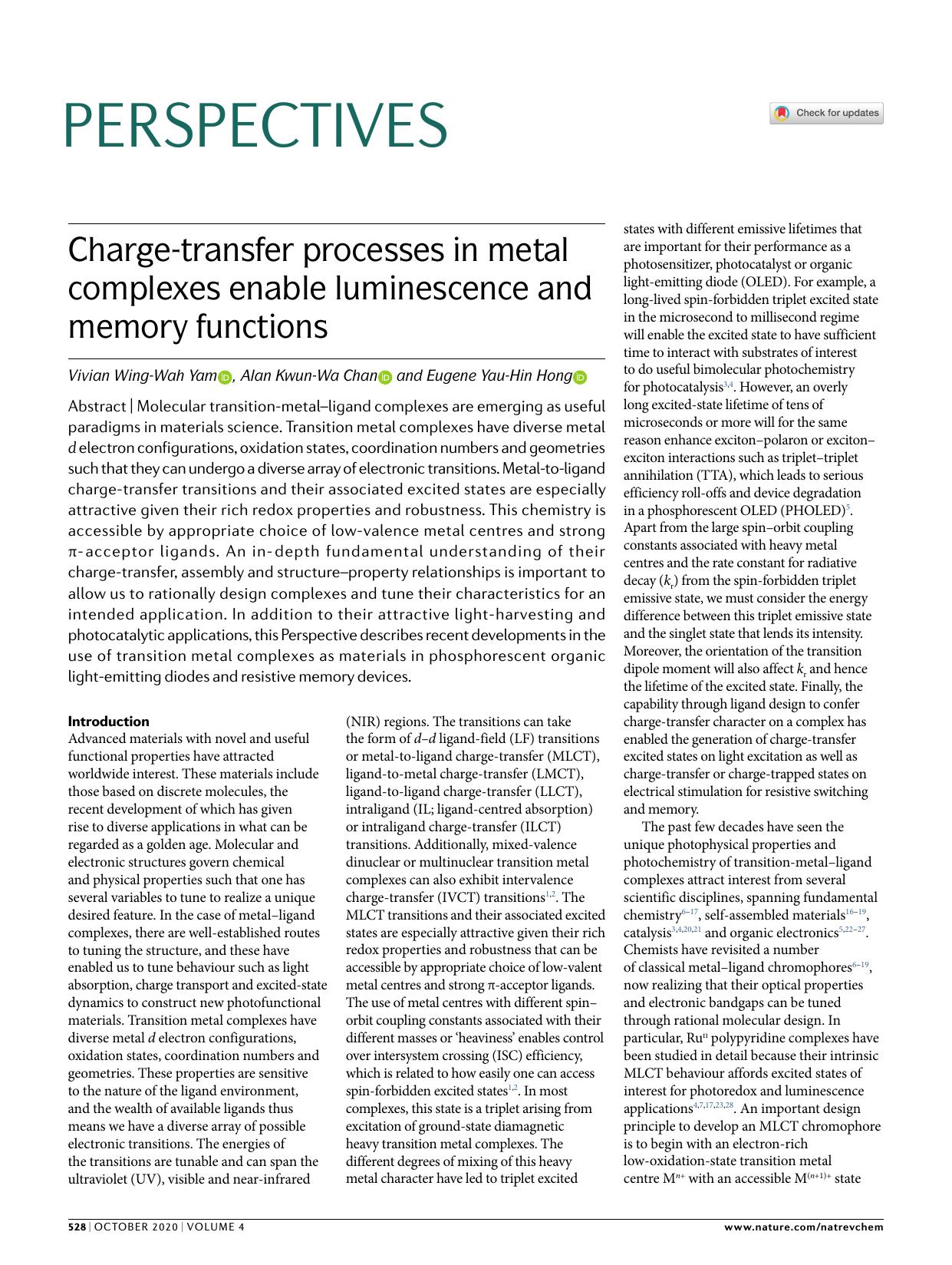 Charge-transfer processes in metal complexes enable luminescence and memory functions by Vivian Wing-Wah Yam & Alan Kwun-Wa Chan & Eugene Yau-Hin Hong