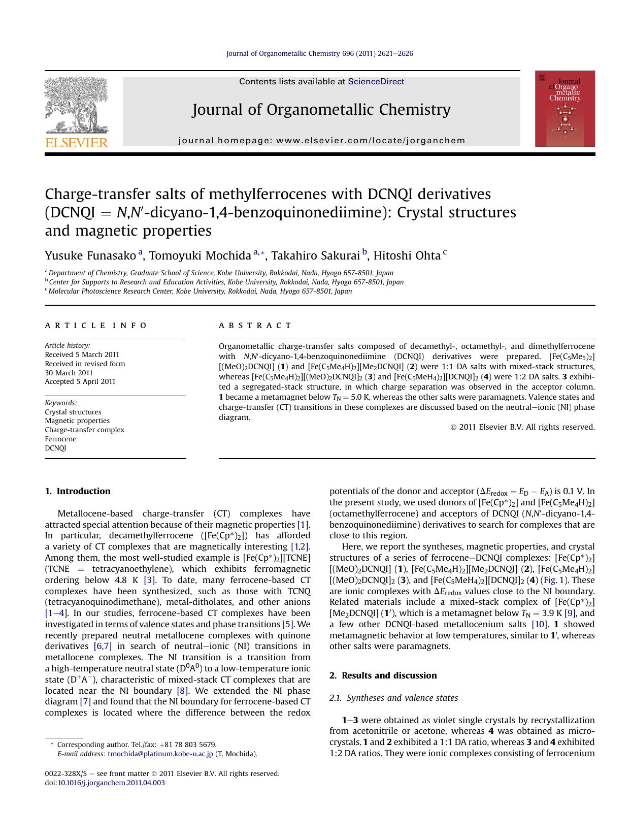 Charge-transfer salts of methylferrocenes with DCNQI derivatives (DCNQI&nbsp;=&nbsp;N,N&prime;-dicyano-1,4-benzoquinonediimine): Crystal structures and magnetic properties by Yusuke Funasako & Tomoyuki Mochida & Takahiro Sakurai & Hitoshi Ohta