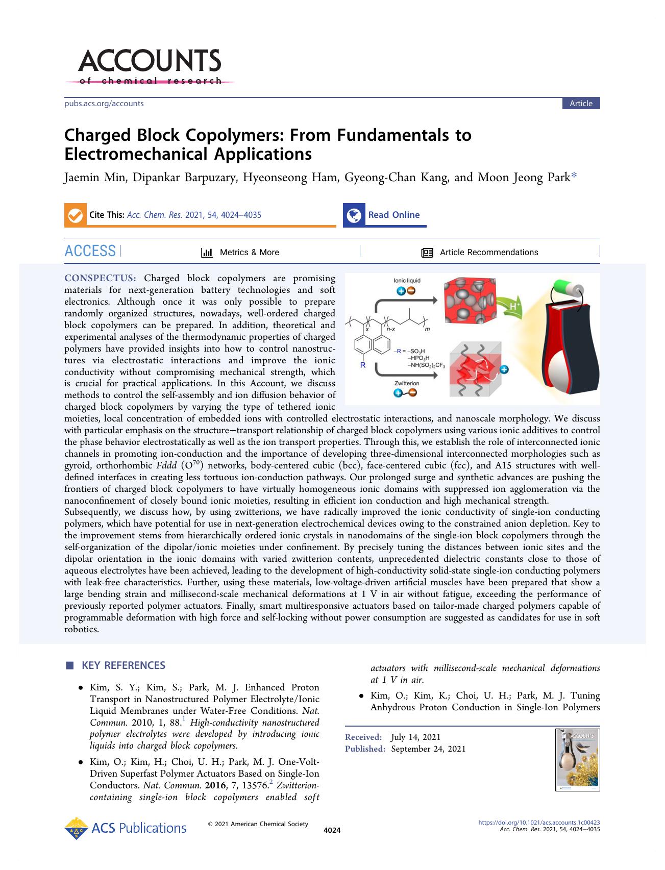 Charged Block Copolymers: From Fundamentals to Electromechanical Applications by Jaemin Min Dipankar Barpuzary Hyeonseong Ham Gyeong-Chan Kang and Moon Jeong Park
