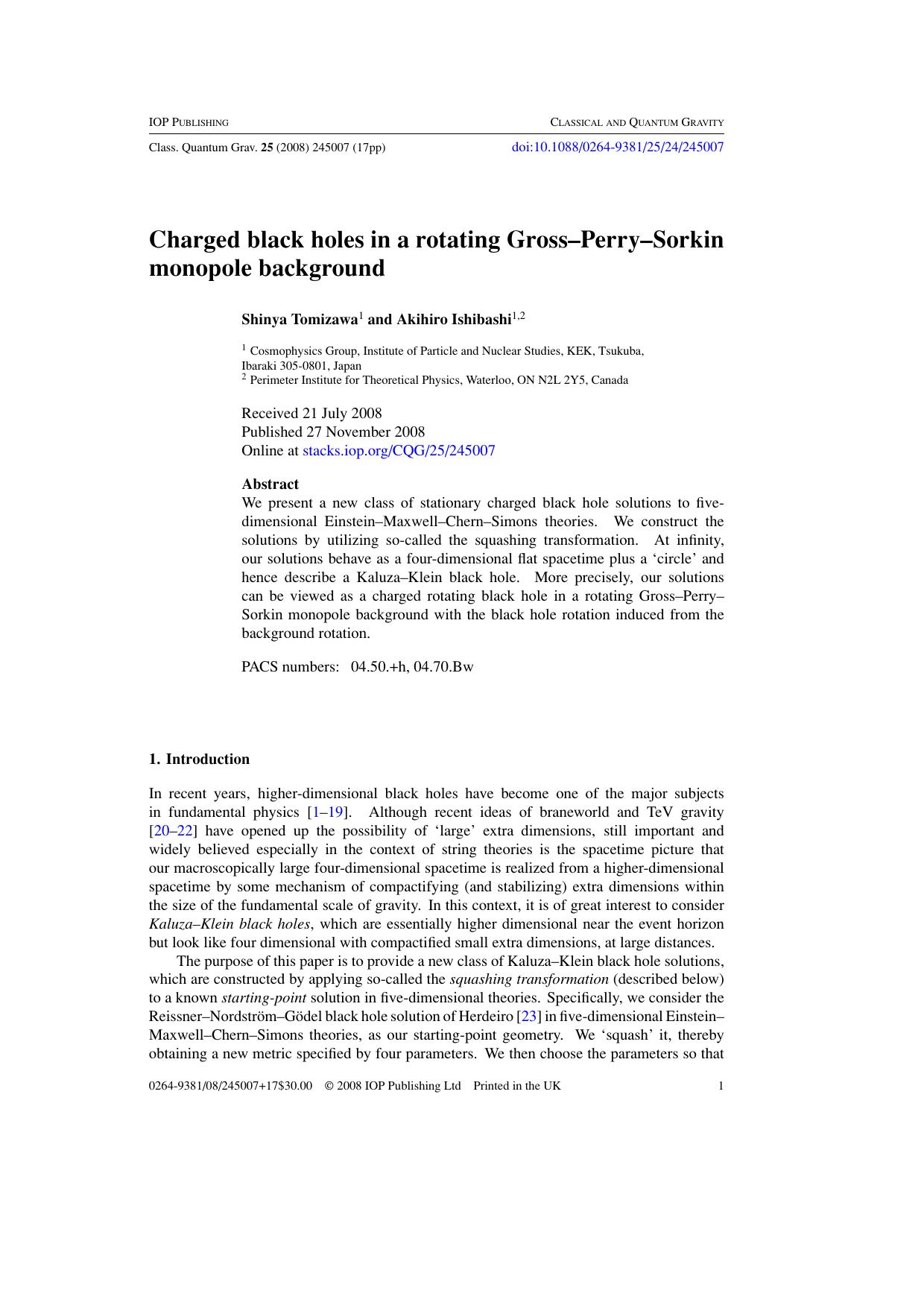 Charged black holes in a rotating GPS monopole background by S Tomizawa and A Ishibashi