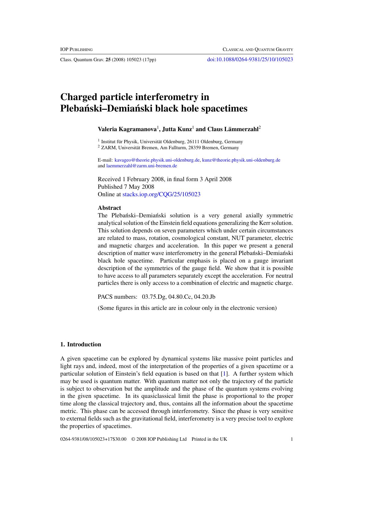 Charged particle interferometry in Plebanski--Demianski black hole spacetimes by V Kagramanova et al
