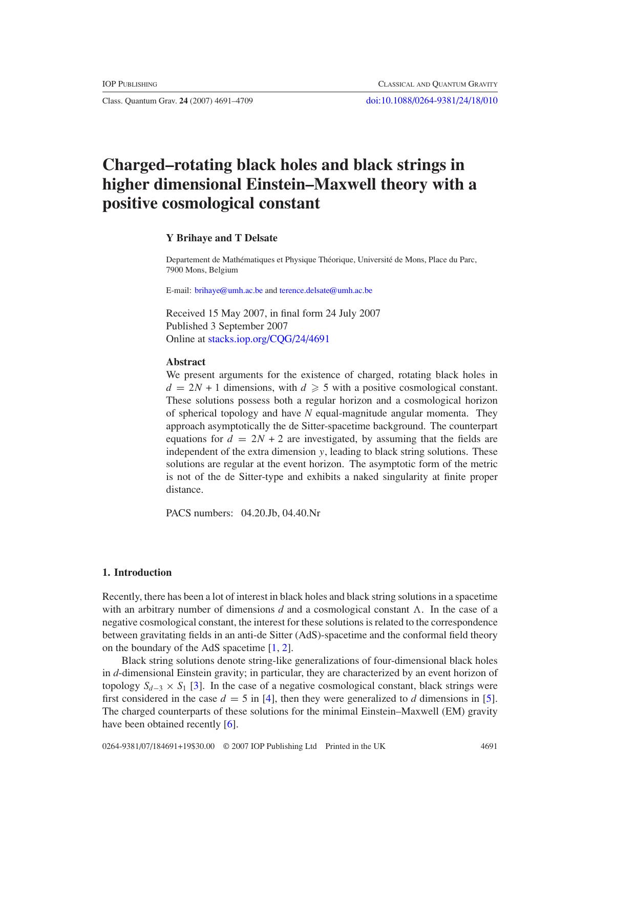 Charged--rotating black holes and black strings in higher dimensional Einstein--Maxwell theory by Y Brihaye & T Delsate