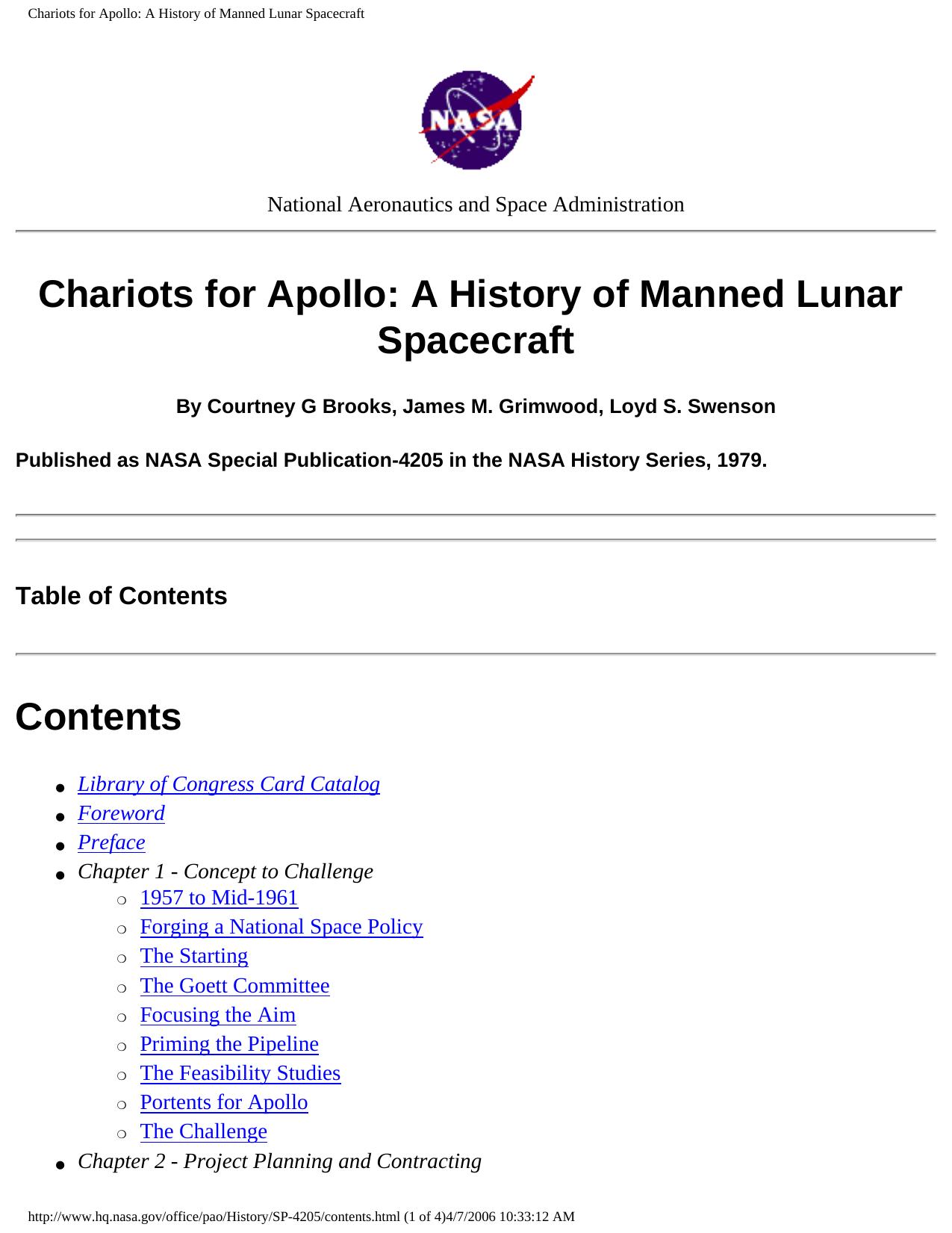 Chariots for Apollo : a history of manned lunar spacecraft by unknow