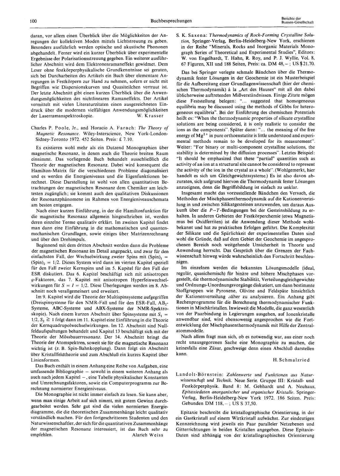 Charles P. Poole, Jr., and Horacio A. Farach: The Theory of Magnetic Resonance. Wiley-Interscience, New York-London-Sidney-Toronto 1972. 452 Seiten. Preis: £ 7.10. by Unknown
