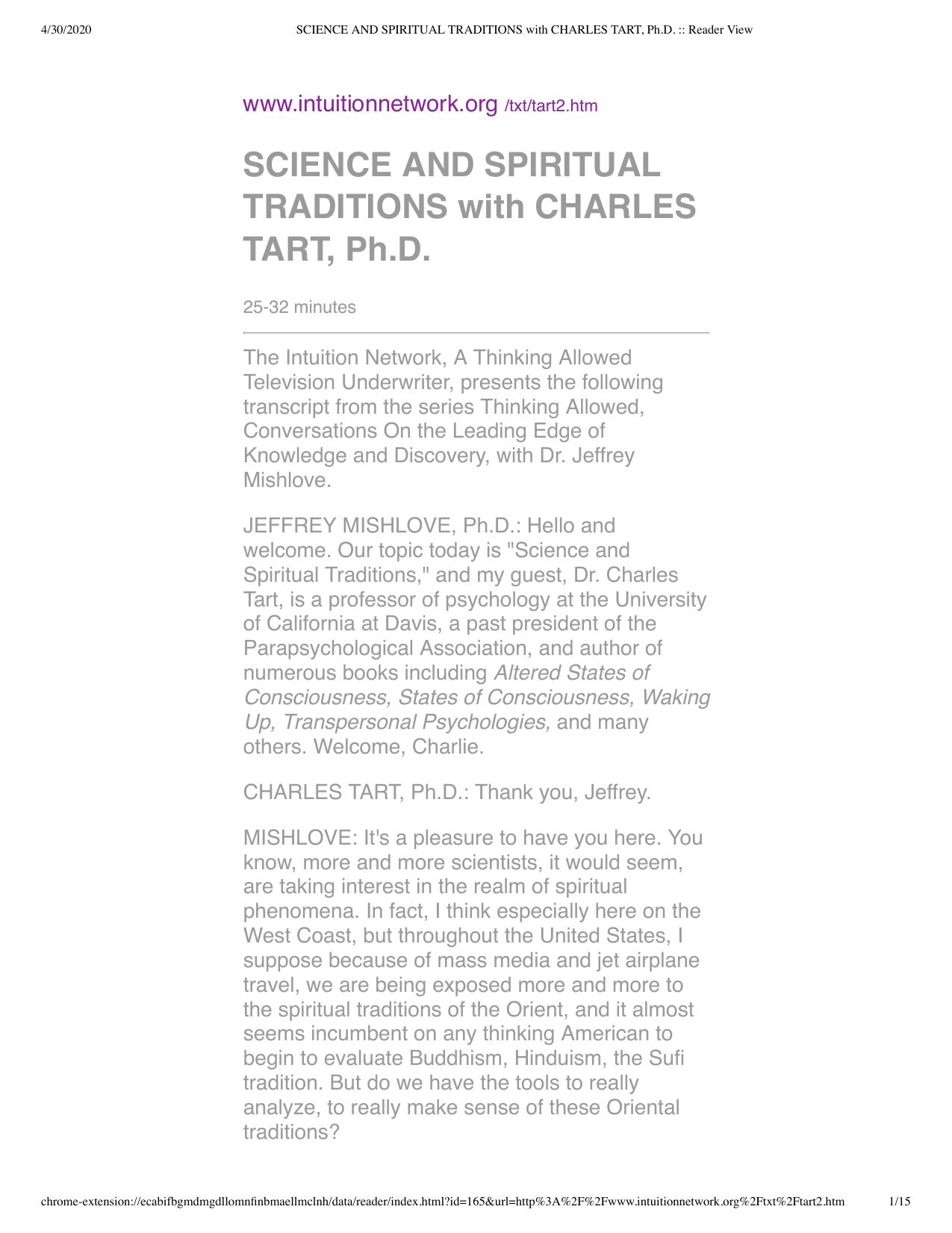 Charles Tart interview by Jeffrey Mishlove by Science & Spiritual Traditions