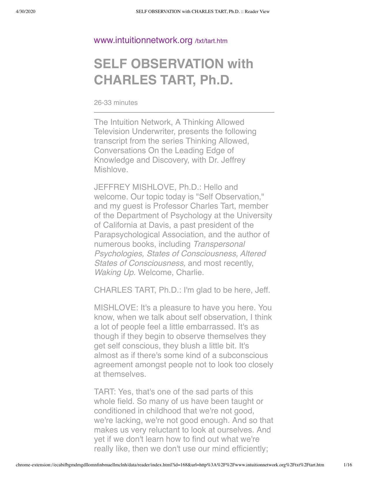 Charles Tart interview by Jeffrey Mishlove by Self Observation