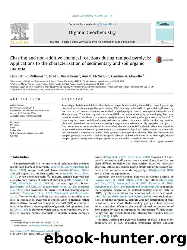 Charring and non-additive chemical reactions during ramped pyrolysis: Applications to the characterization of sedimentary and soil organic material by Elizabeth K. Williams & Brad E. Rosenheim & Ann P. McNichol & Caroline A. Masiello