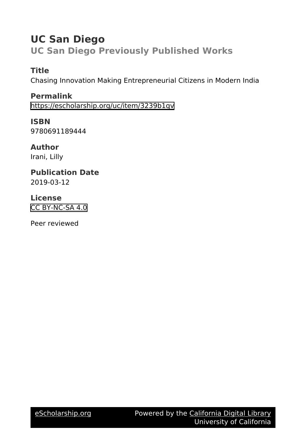 Chasing Innovation: Making Entrepreneurial Citizens in Modern India by Irani Lilly