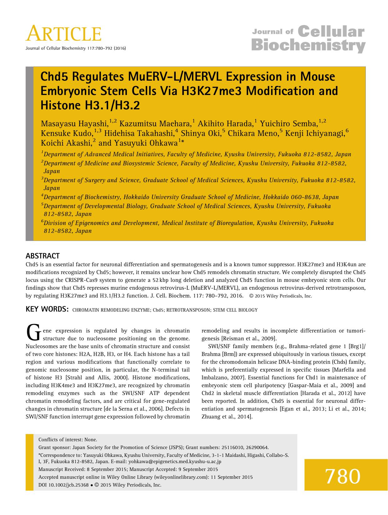 Chd5 Regulates MuERV-LMERVL Expression in Mouse Embryonic Stem Cells Via H3K27me3 Modification and Histone H3.1H3.2 by Unknown
