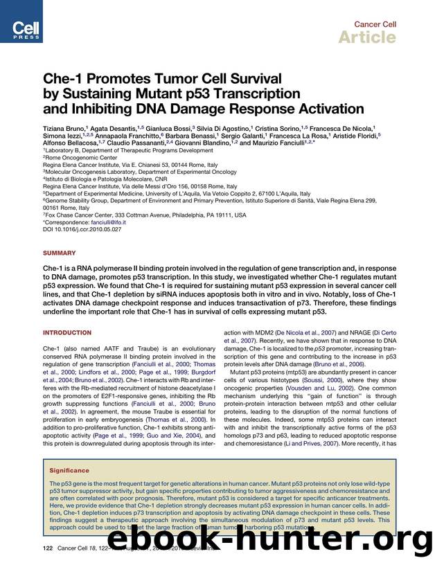 Che-1 Promotes Tumor Cell Survival by Sustaining Mutant p53 Transcription and Inhibiting DNA Damage Response Activation by unknow