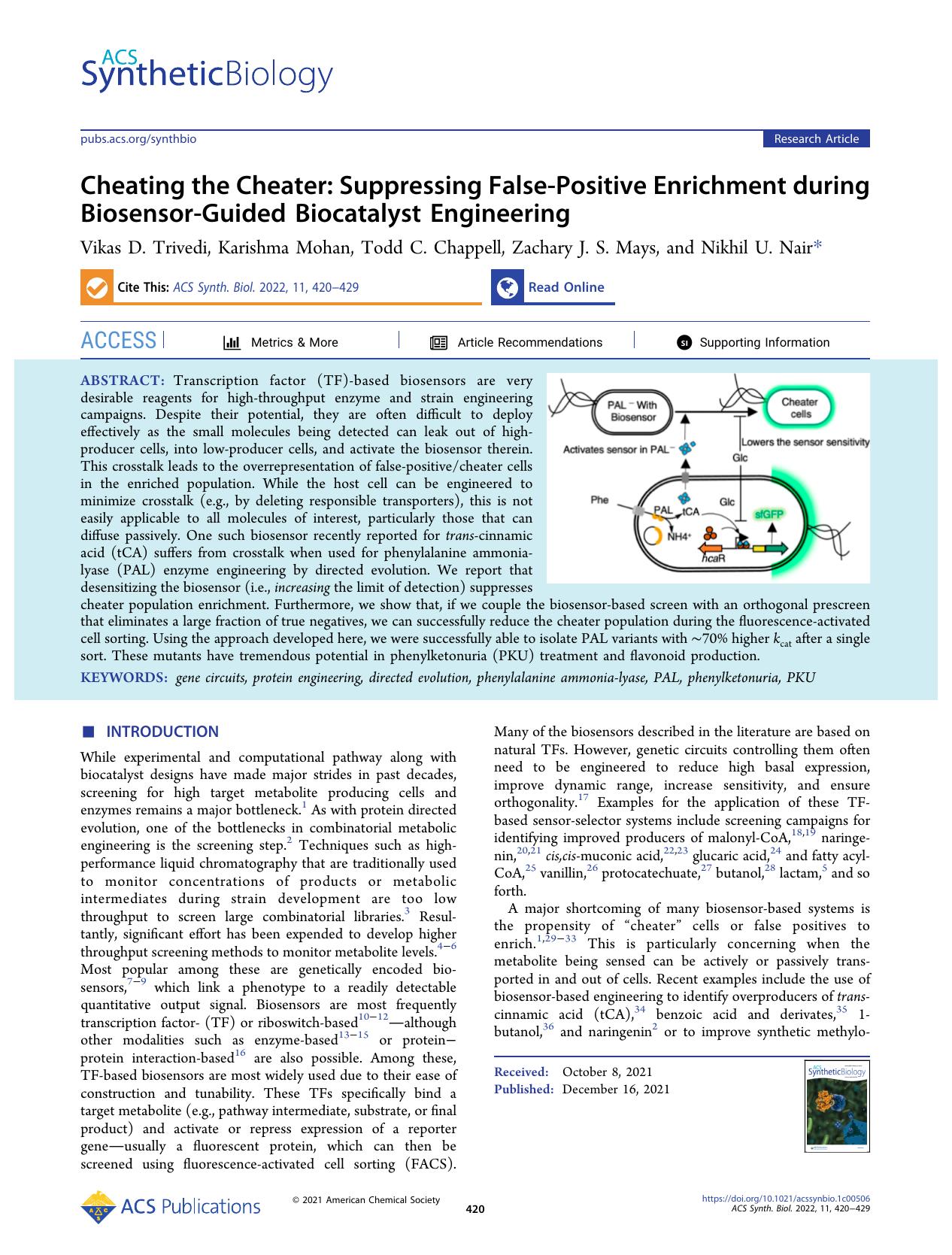 Cheating the Cheater: Suppressing False-Positive Enrichment during Biosensor-Guided Biocatalyst Engineering by Vikas D. Trivedi Karishma Mohan Todd C. Chappell Zachary J. S. Mays and Nikhil U. Nair