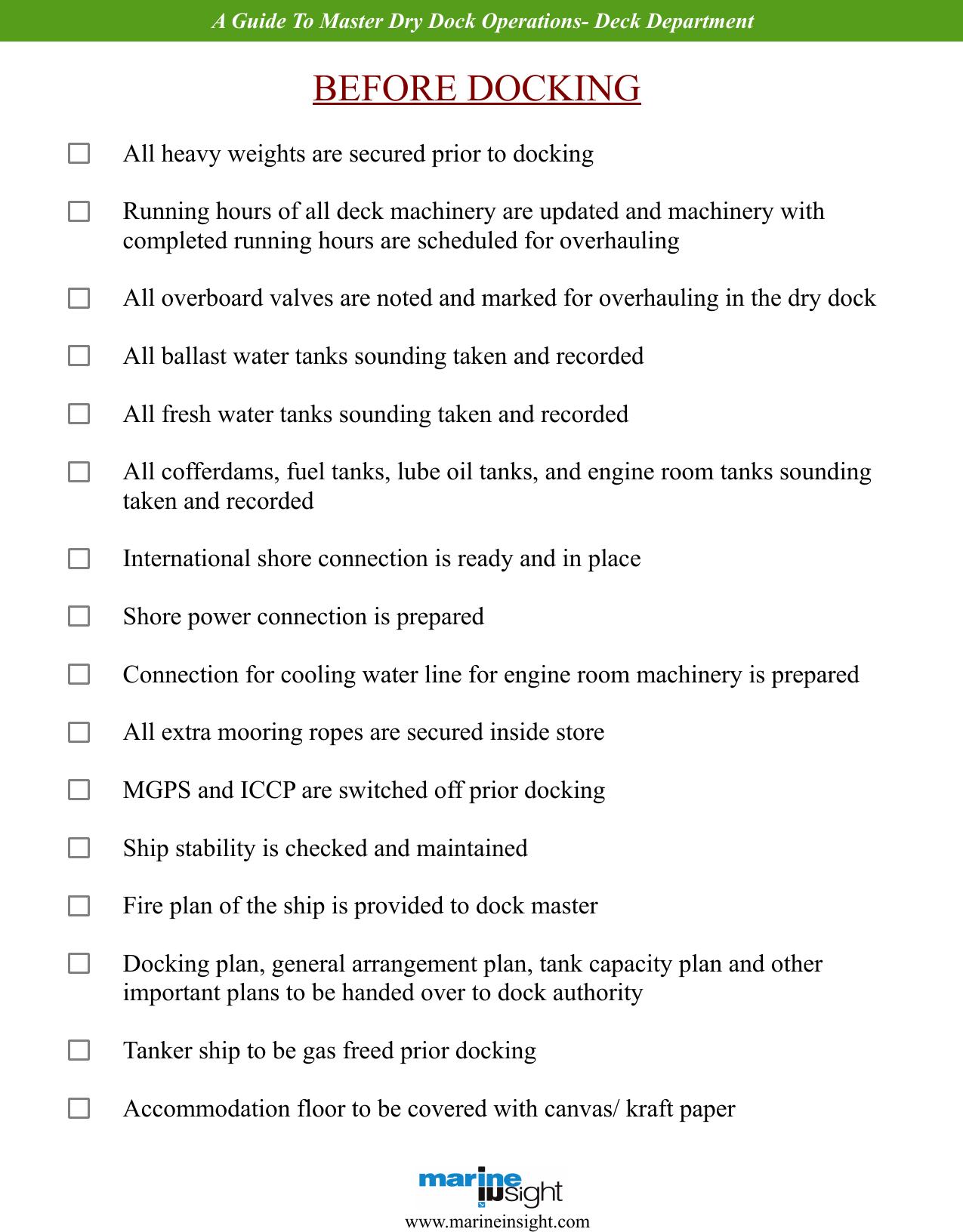Checklist To Master Dry Dock Operations by Deck Department (Before Docking)