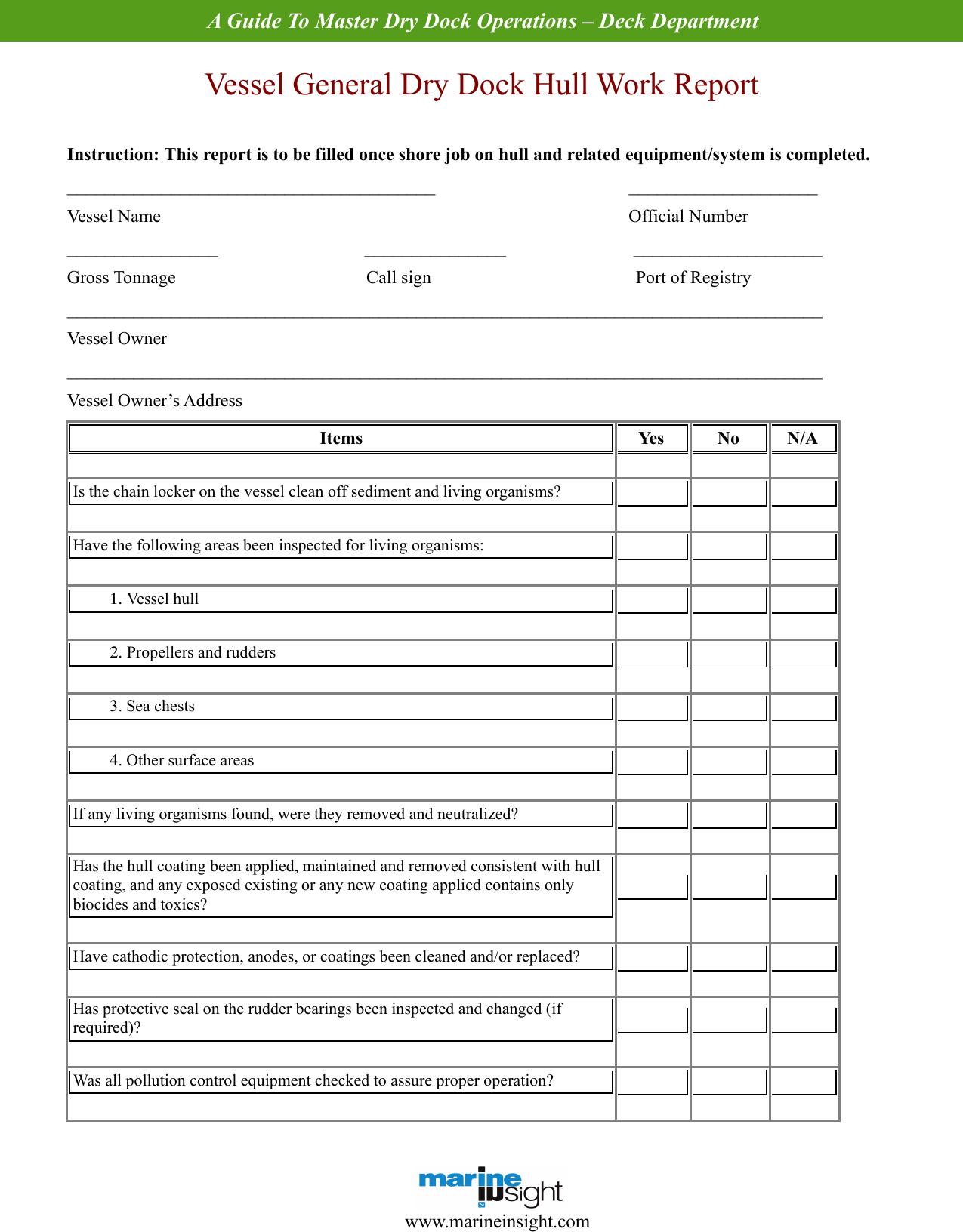 Checklist To Master Dry Dock Operations by Deck Department (Vessel General Dry Dock Hull Work Report)