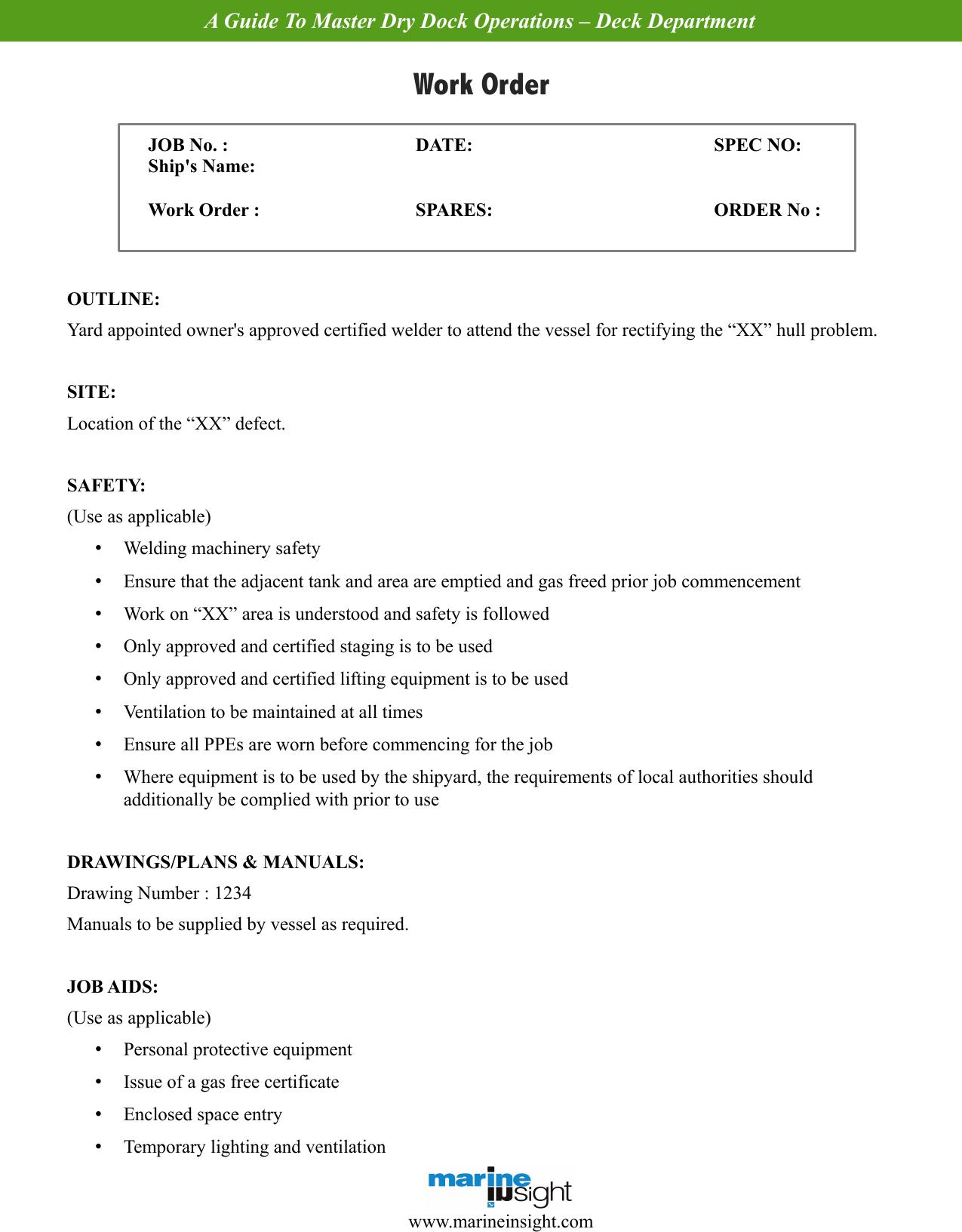 Checklist To Master Dry Dock Operations by Deck Department (Work Order)