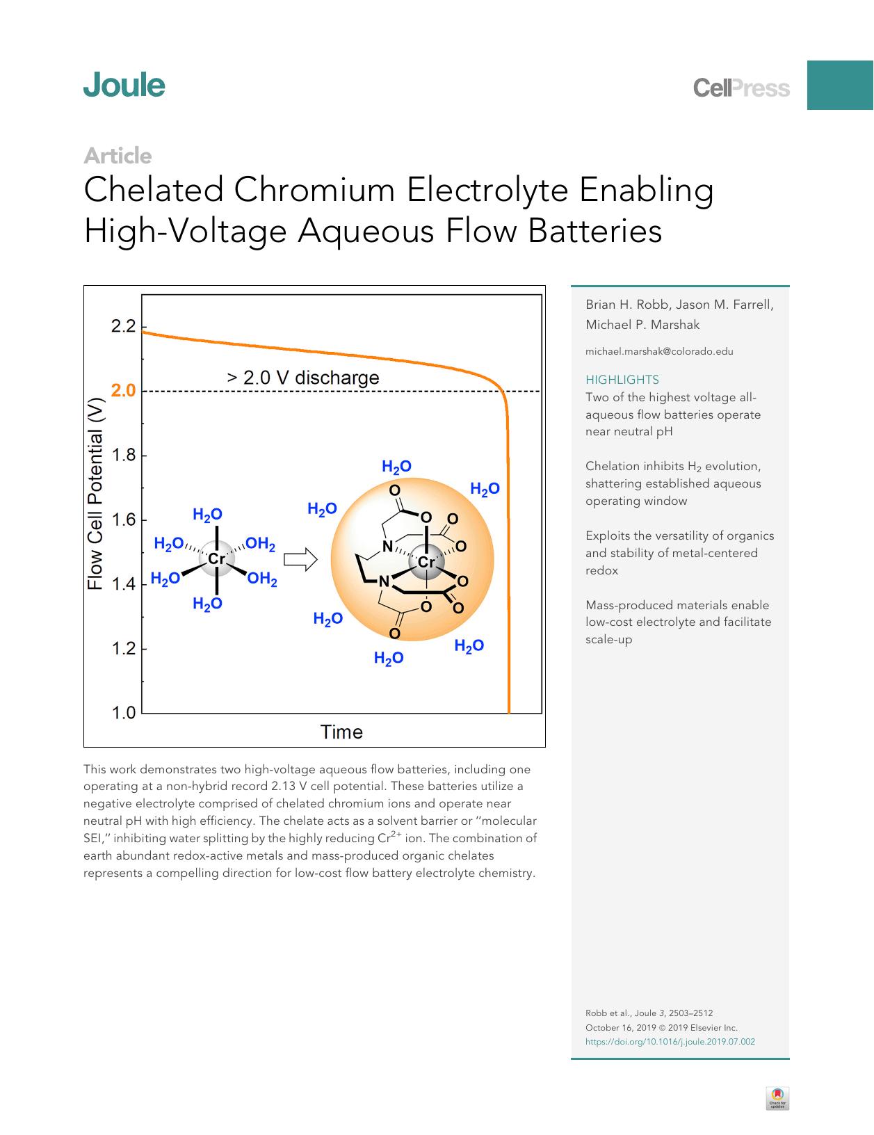 Chelated Chromium Electrolyte Enabling High-Voltage Aqueous Flow Batteries by Brian H. Robb