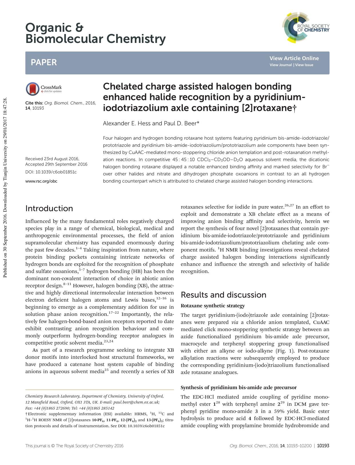 Chelated charge assisted halogen bonding enhanced halide recognition by a pyridinium-iodotriazolium axle containing [2]rotaxane by Alexander E. Hess Paul D. Beer