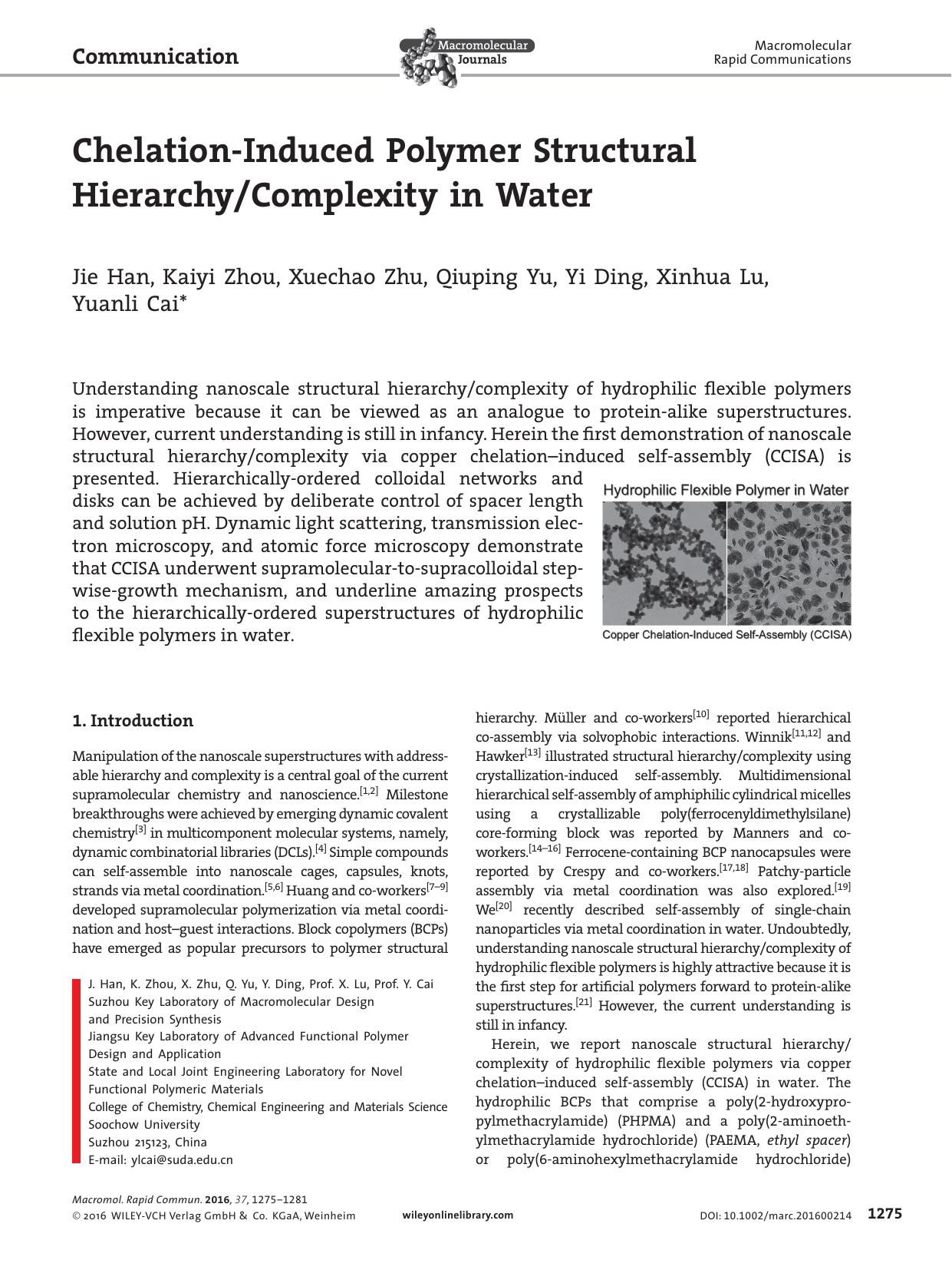 Chelation&#x02010;Induced Polymer Structural HierarchyComplexity in Water by Unknown