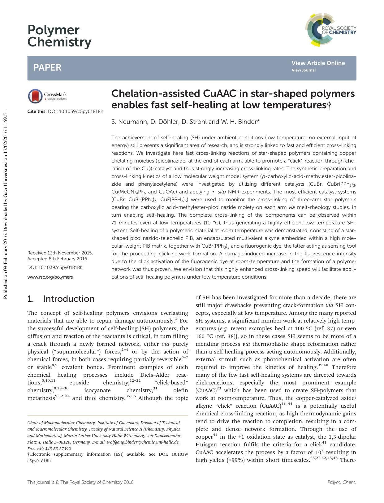 Chelation-assisted CuAAC in star-shaped polymers enables fast self-healing at low temperatures by S. Neumann D. Döhler D. Ströhl W. H. Binder