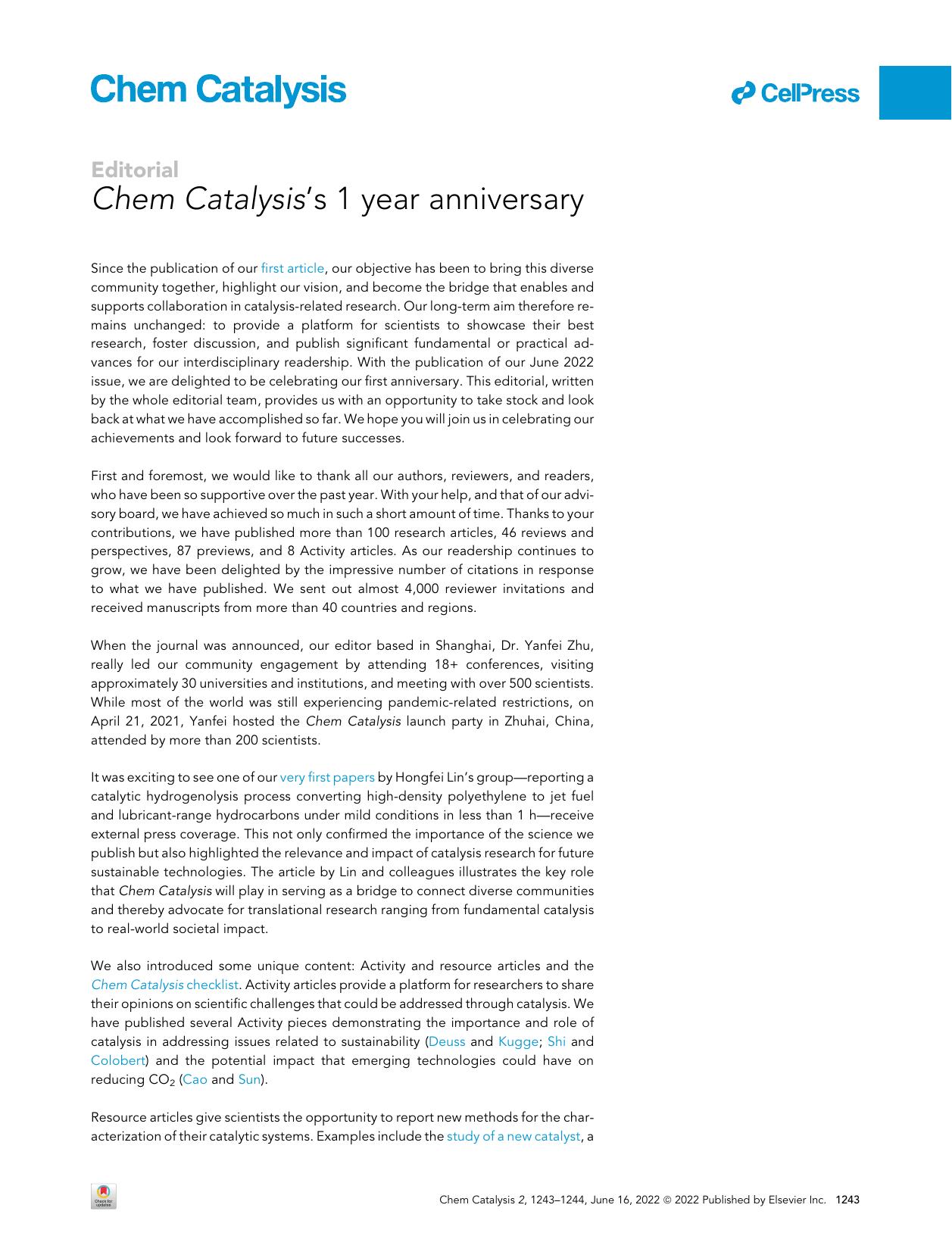 Chem Catalysis's 1 year anniversary by The Chem Catalysis editorial team