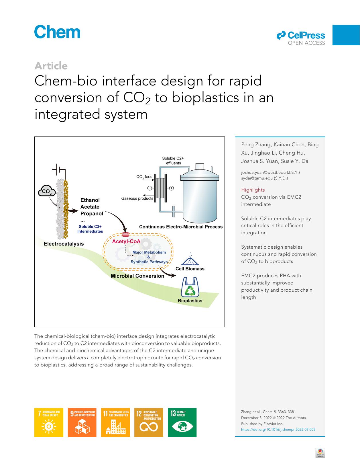 Chem-bio interface design for rapid conversion of CO2 to bioplastics in an integrated system by Peng Zhang & Kainan Chen & Bing Xu & Jinghao Li & Cheng Hu & Joshua S. Yuan & Susie Y. Dai