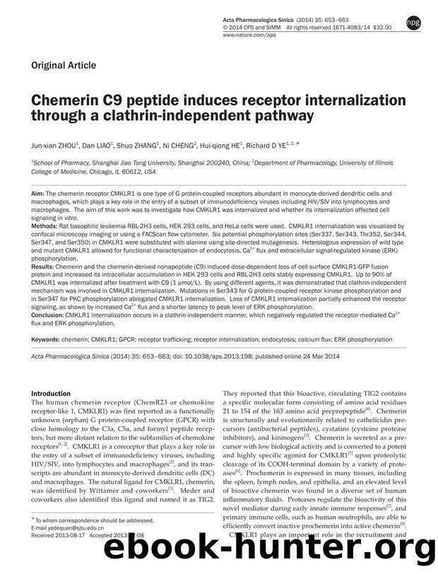 Chemerin C9 peptide induces receptor internalization through a clathrin-independent pathway by Jun-xian Zhou & Dan Liao & Shuo Zhang & Ni Cheng & Hui-qiong He & Richard D Ye