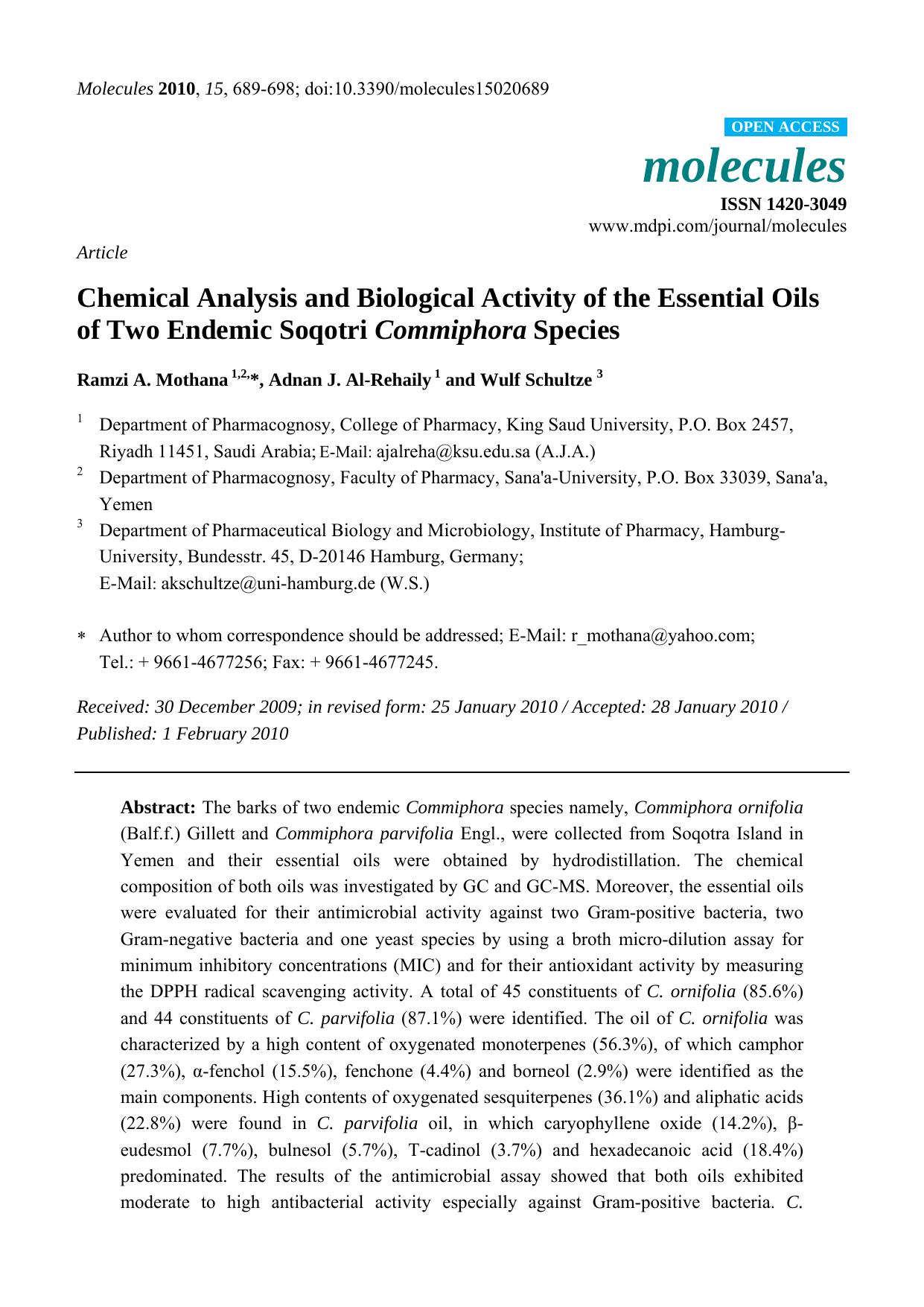 Chemical Analysis and Biological Activity of the Essential Oils of Two Endemic Soqotri Commiphora Species by Ramzi A. Mothana & Adnan J. Al-Rehaily & Wulf Schultze