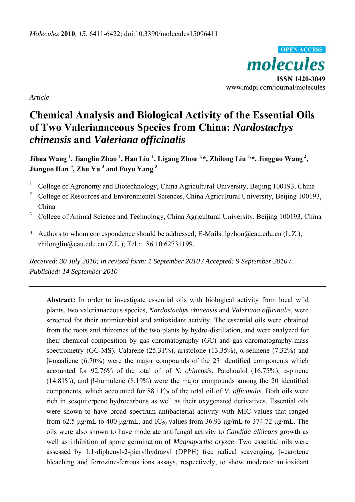 Chemical Analysis and Biological Activity of the Essential Oils of Two Valerianaceous Species from China: Nardostachys chinensis and Valeriana officinalis by unknow