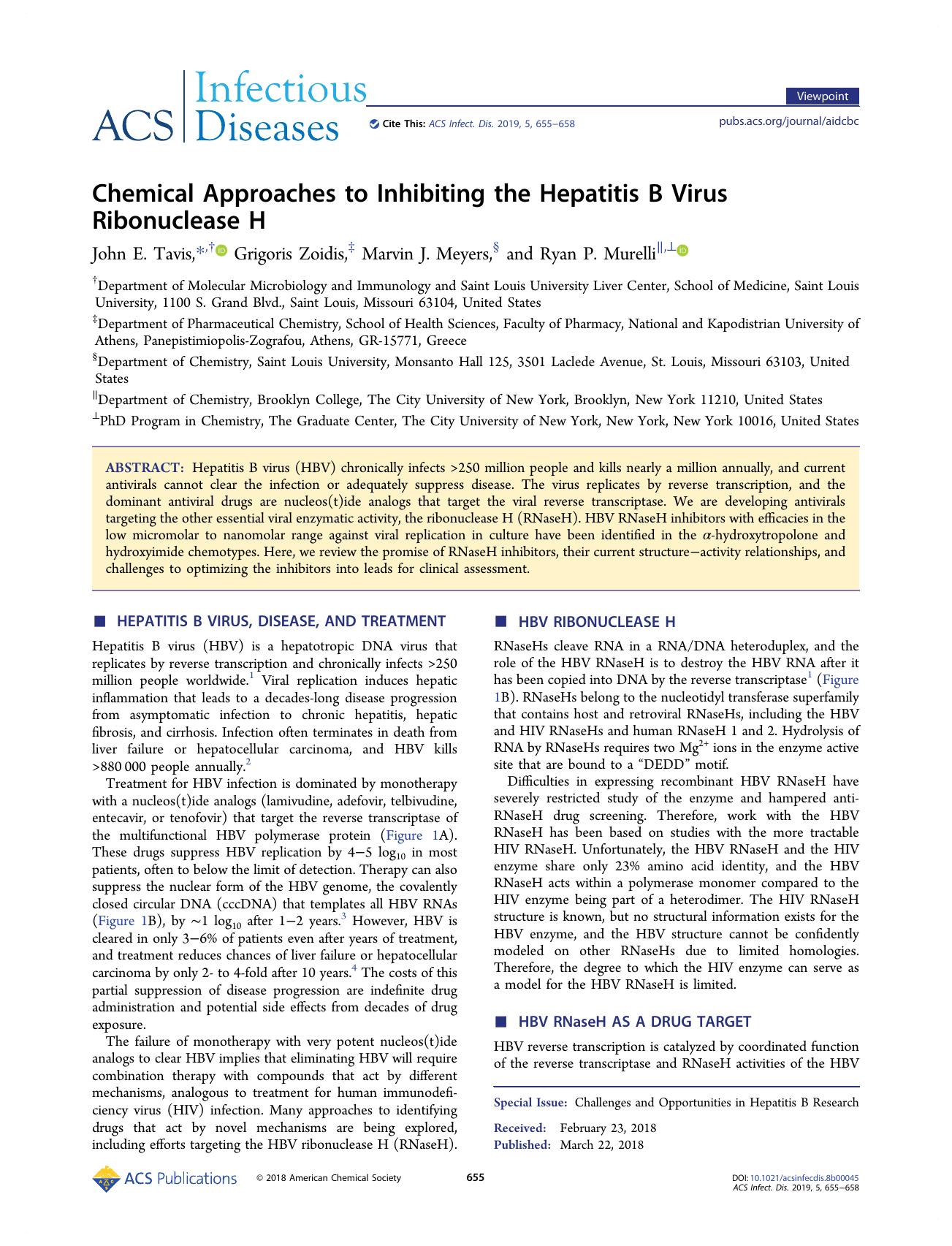Chemical Approaches to Inhibiting the Hepatitis B Virus Ribonuclease H by unknow
