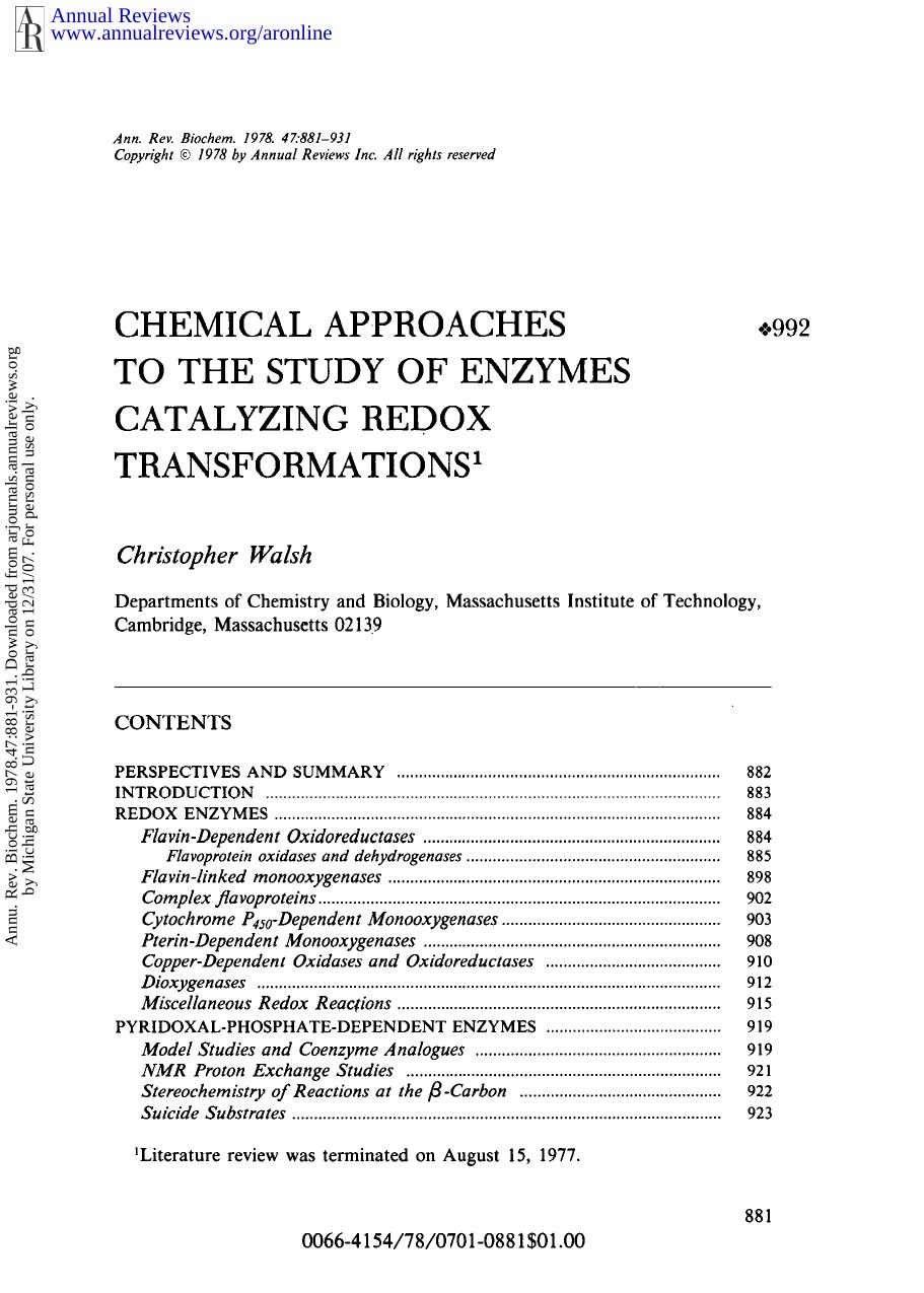 Chemical Approaches to the Study of Enzymes Catalyzing Redox Transformations by C Walsh