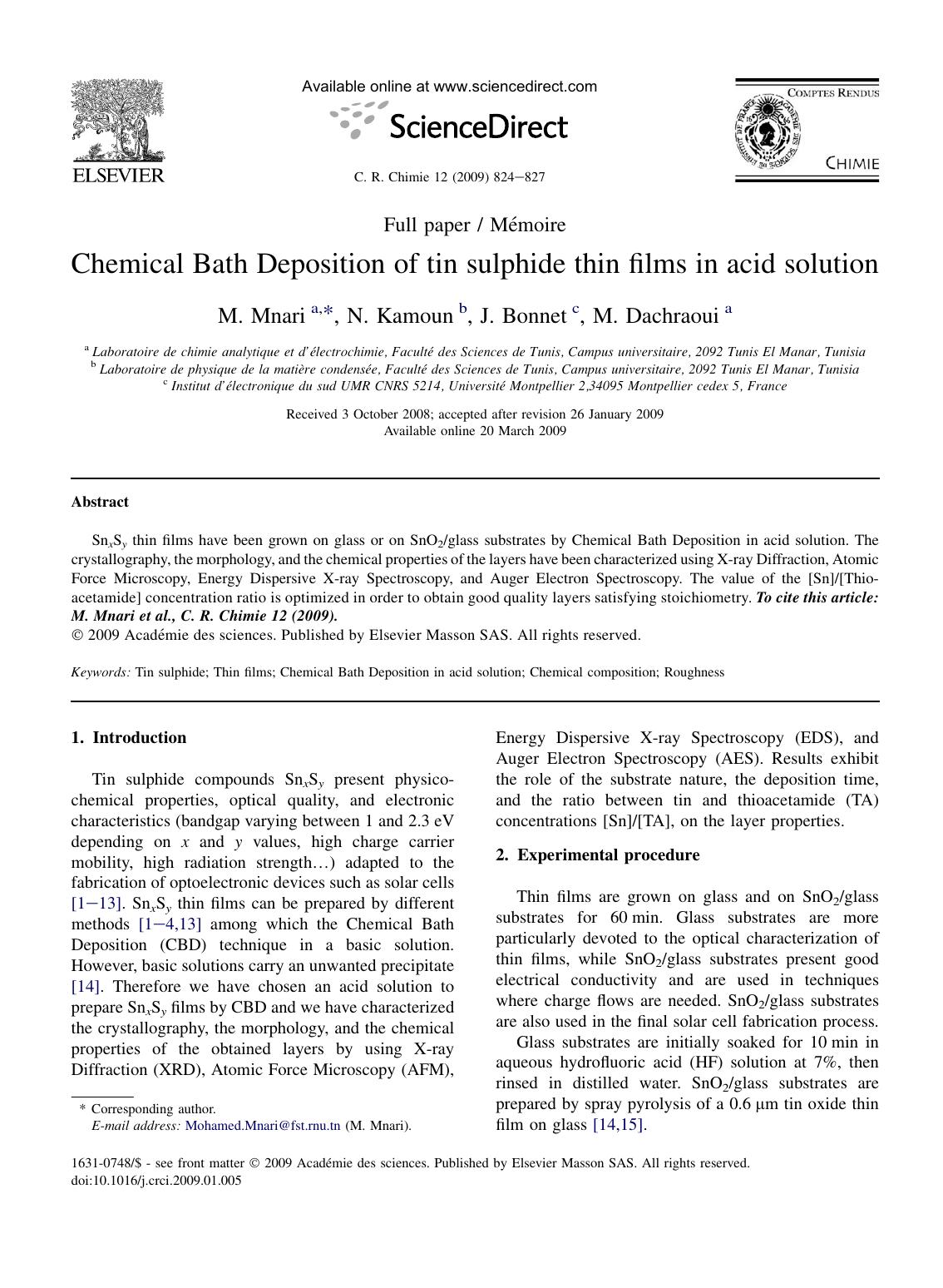 Chemical Bath Deposition of tin sulphide thin films in acid solution by M. Mnari; N. Kamoun; J. Bonnet; M. Dachraoui