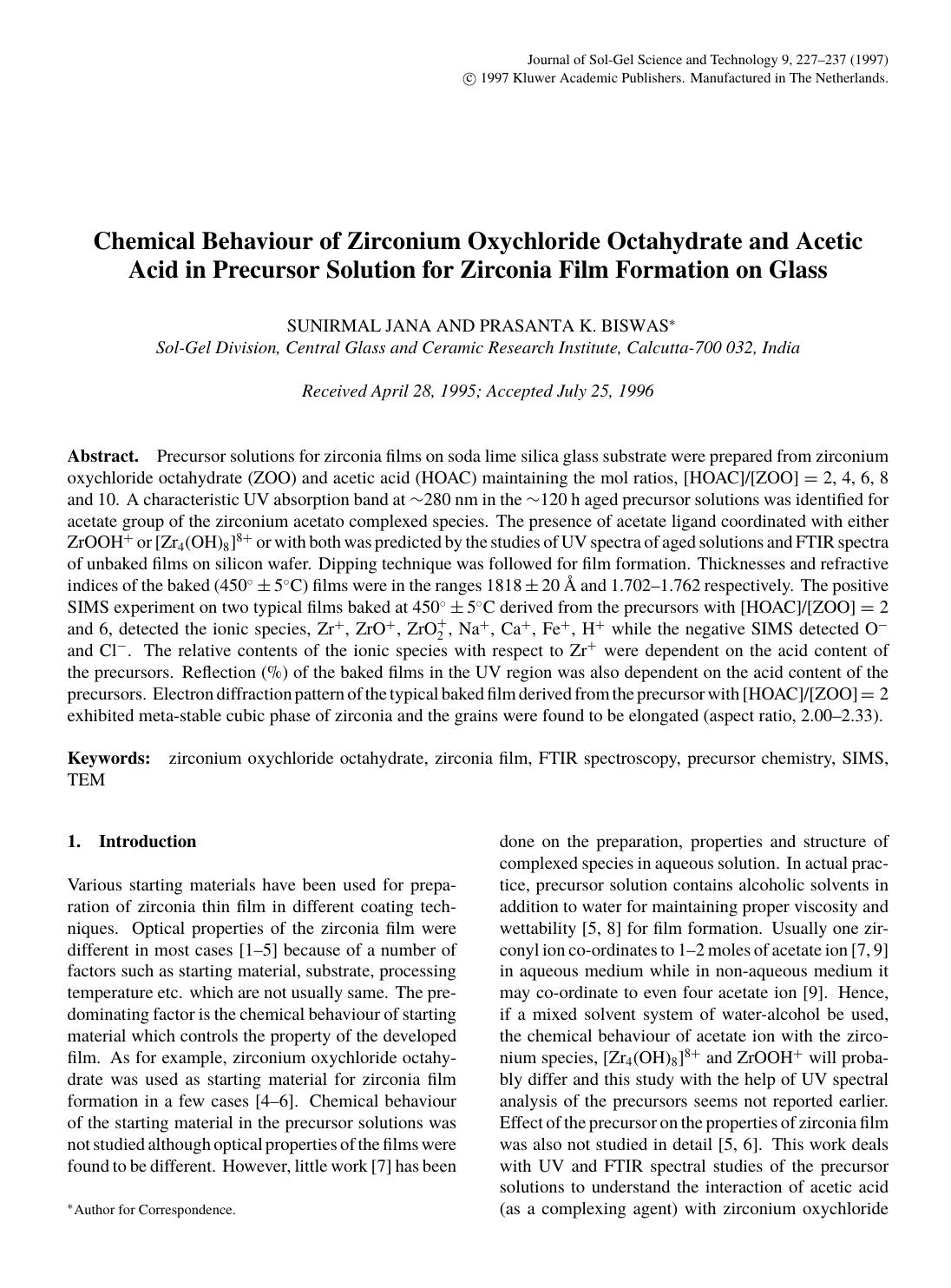 Chemical Behaviour of Zirconium Oxychloride Octahydrate and Acetic Acid in Precursor Solution for Zirconia Film Formation on Glass by Unknown