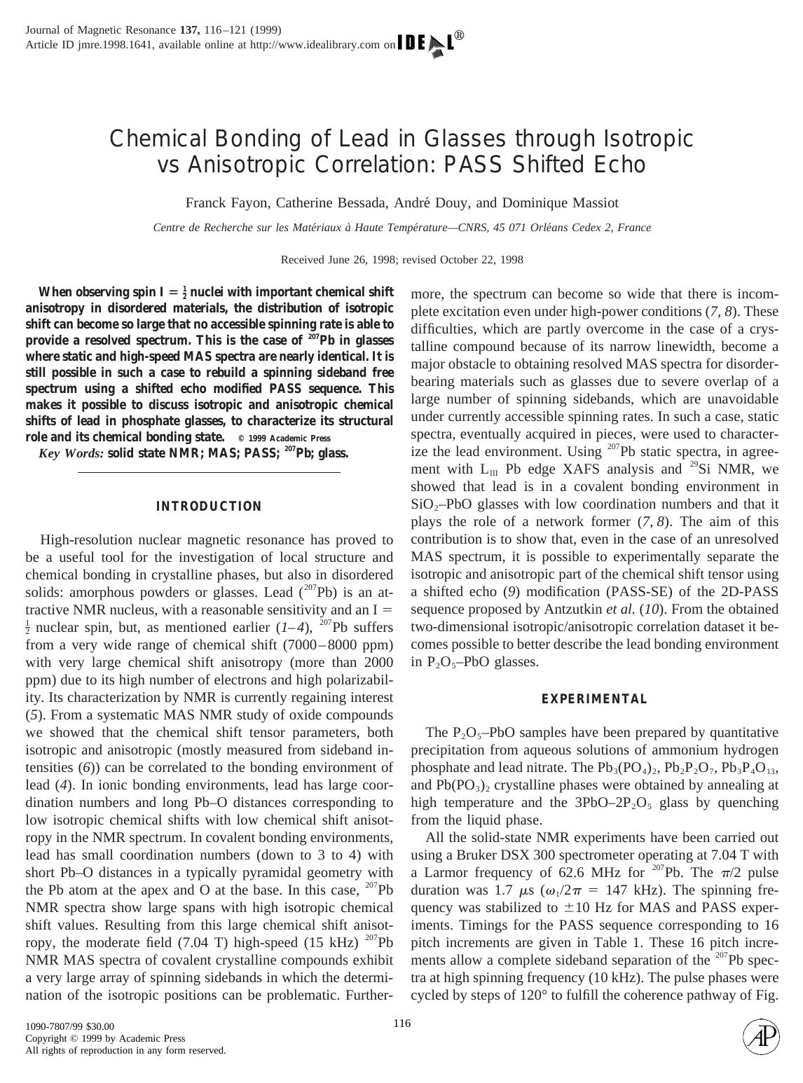 Chemical Bonding of Lead in Glasses through Isotropic vs Anisotropic Correlation: PASS Shifted Echo by Fayon F. et al