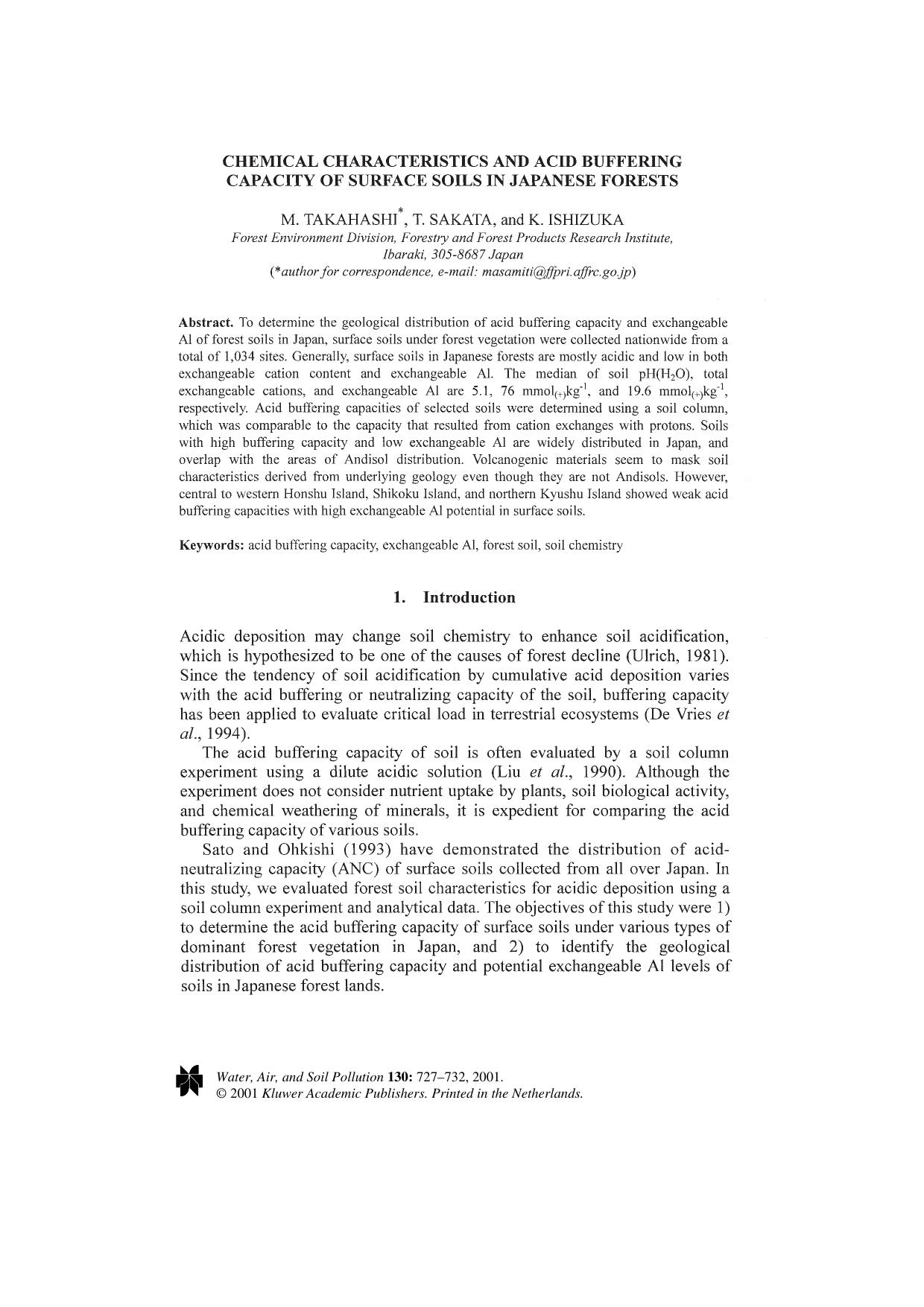 Chemical Characteristics and Acid Buffering Capacity of Surface Soils in Japanese Forests by Unknown