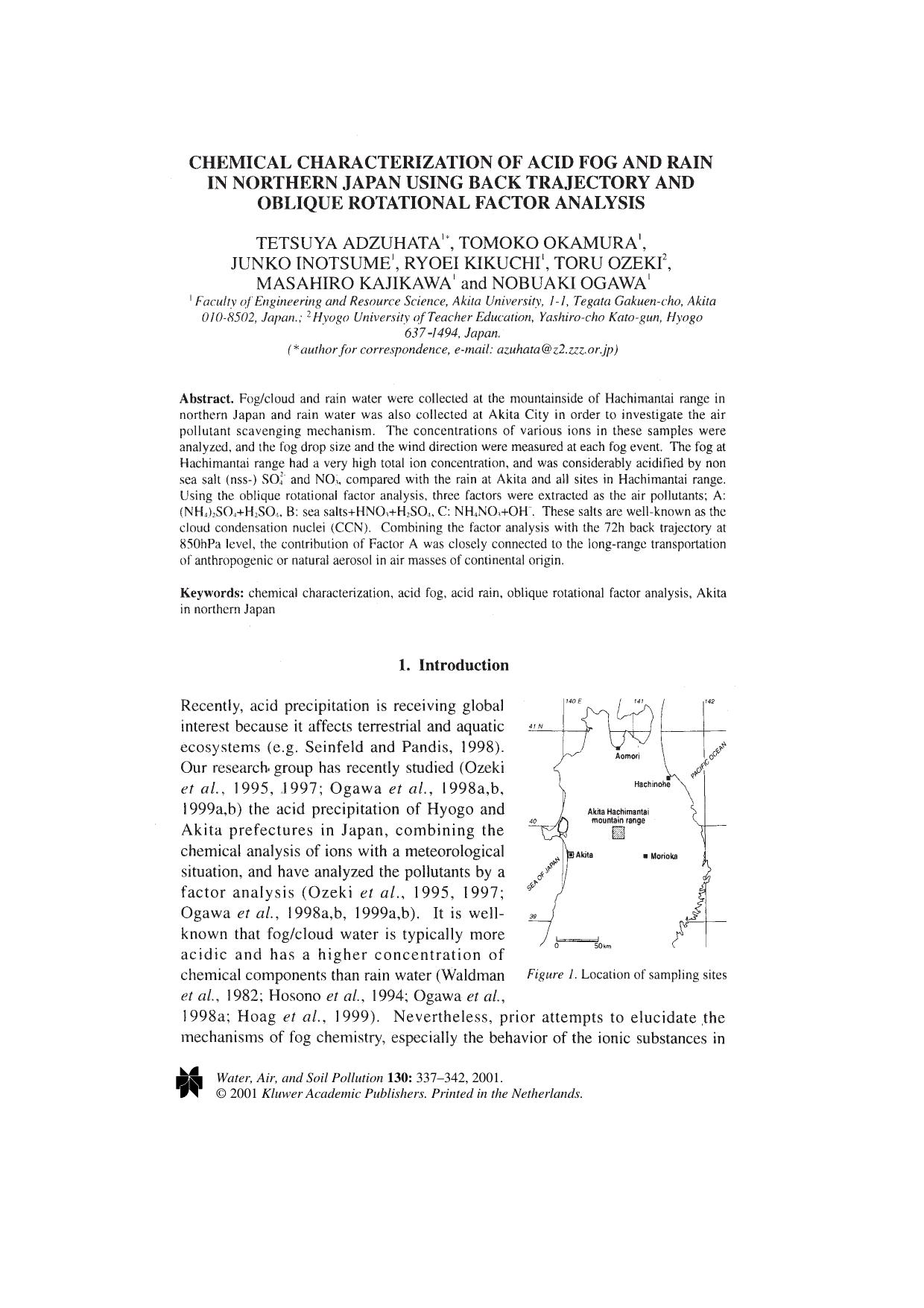 Chemical Characterization of Acid Fog and Rain in Northern Japan Using Back Trajectory and Oblique Rotational Factor Analysis by Unknown