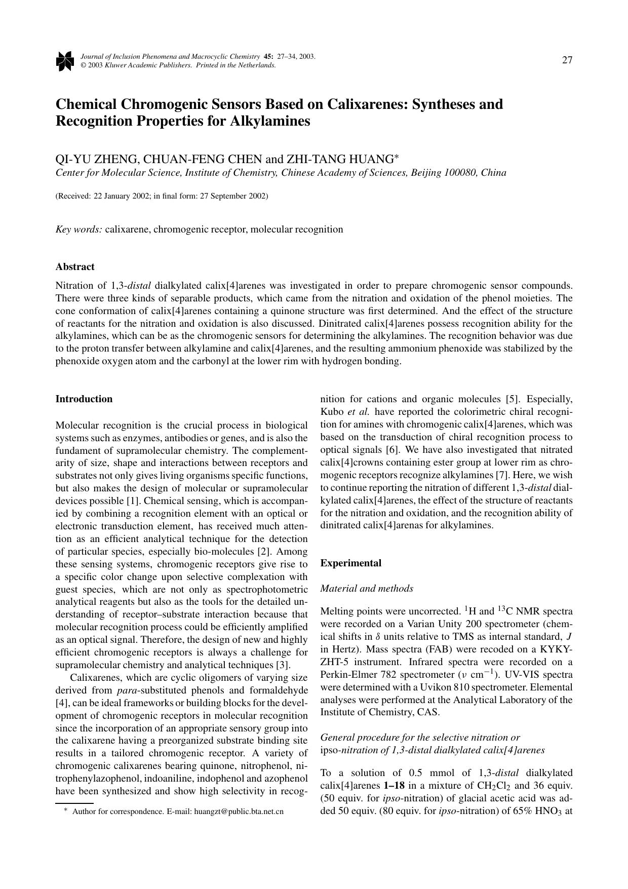 Chemical Chromogenic Sensors Based on Calixarenes: Syntheses and Recognition Properties for Alkylamines by Unknown