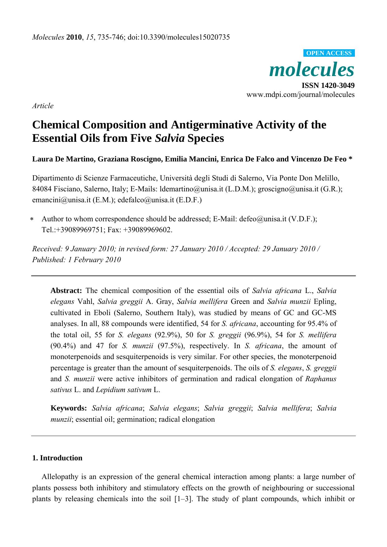 Chemical Composition and Antigerminative Activity of the Essential Oils from Five Salvia Species by Laura De Martino & Graziana Roscigno & Emilia Mancini & Enrica De Falco & Vincenzo De Feo