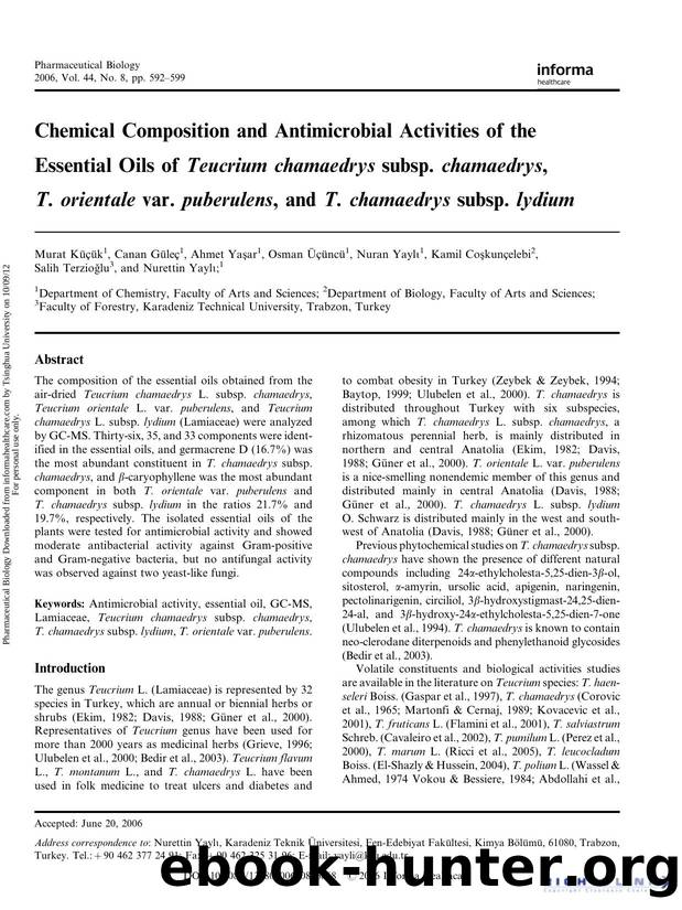 Chemical Composition and Antimicrobial Activities of the Essential Oils of Teucrium chamaedrys. subsp. chamaedrys., T. orientale. var. puberulens., and T. chamaedrys. subsp. lydium. by unknow