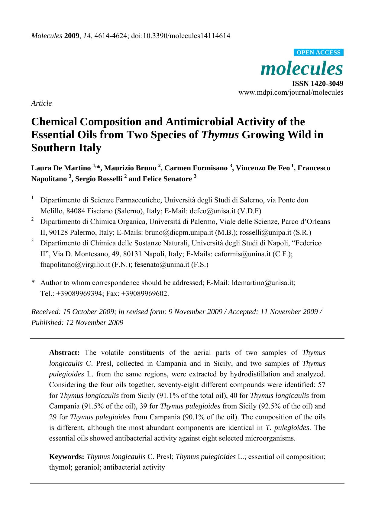 Chemical Composition and Antimicrobial Activity of the Essential Oils from Two Species of Thymus Growing Wild in Southern Italy by unknow