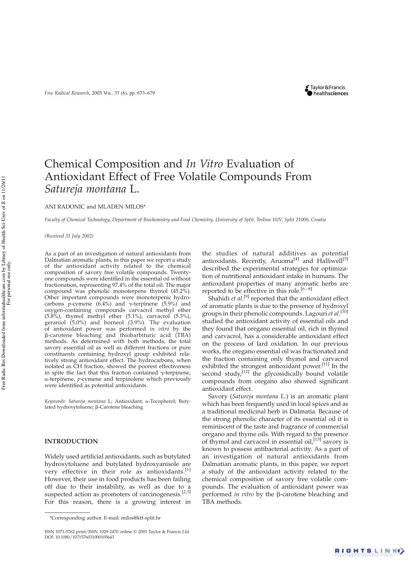 Chemical Composition and In Vitro Evaluation of Antioxidant Effect of Free Volatile Compounds From Satureja montana L. by Ani Radonic & Mladen Milos