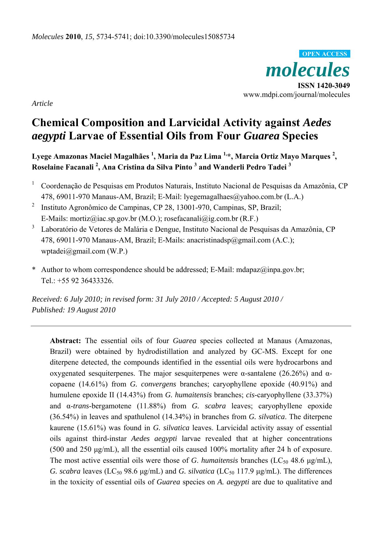 Chemical Composition and Larvicidal Activity against Aedes aegypti Larvae of Essential Oils from Four Guarea Species by unknow