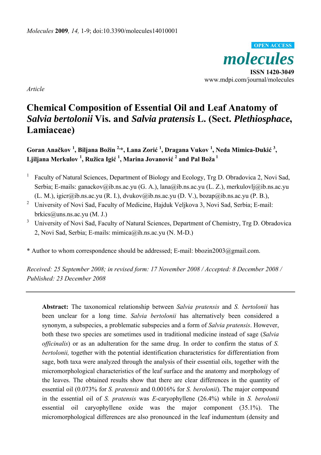 Chemical Composition of Essential Oil and Leaf Anatomy of Salvia bertolonii Vis. and Salvia pratensis L. (Sect. Plethiosphace, Lamiaceae) by unknow