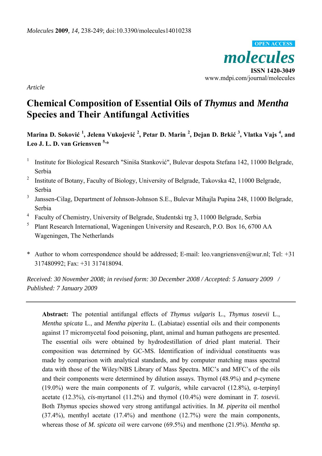 Chemical Composition of Essential Oils of Thymus and Mentha Species and Their Antifungal Activities by unknow
