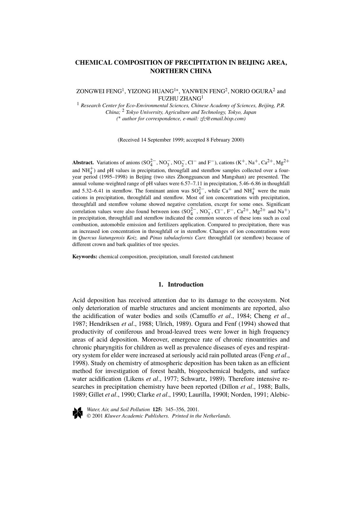 Chemical Composition of Precipitation in Beijing Area, Northern China by Unknown
