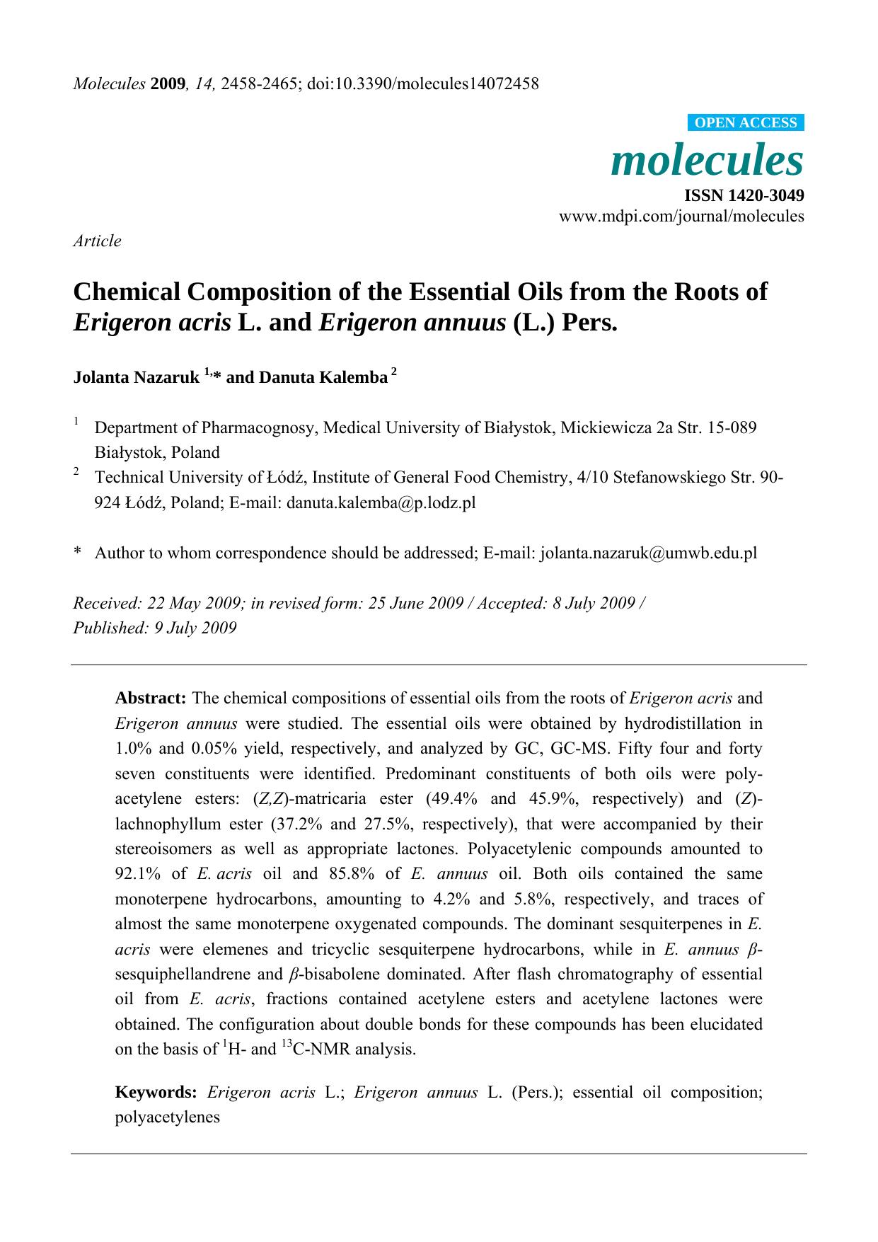 Chemical Composition of the Essential Oils from the Roots of Erigeron acris L. and Erigeron annuus (L.) Pers. by Jolanta Nazaruk & Danuta Kalemba
