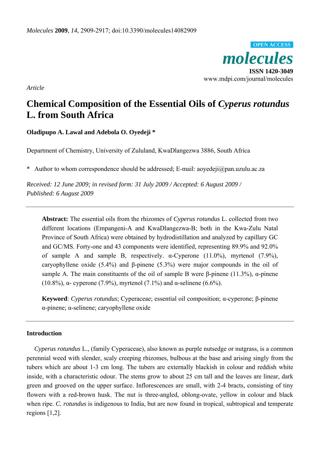 Chemical Composition of the Essential Oils of Cyperus rotundus L. from South Africa by Oladipupo A. Lawal & Adebola O. Oyedeji