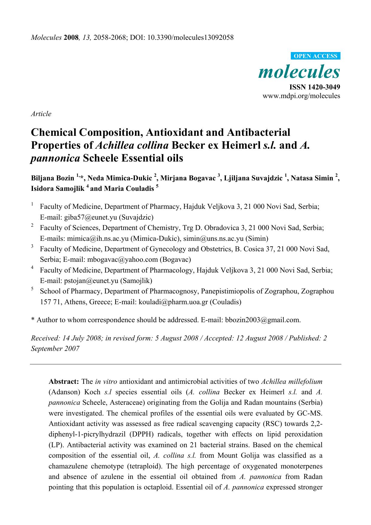 Chemical Composition, Antioxidant and Antibacterial Properties of Achillea collina Becker ex Heimerl s.l. and A. pannonica Scheele Essential oils by unknow