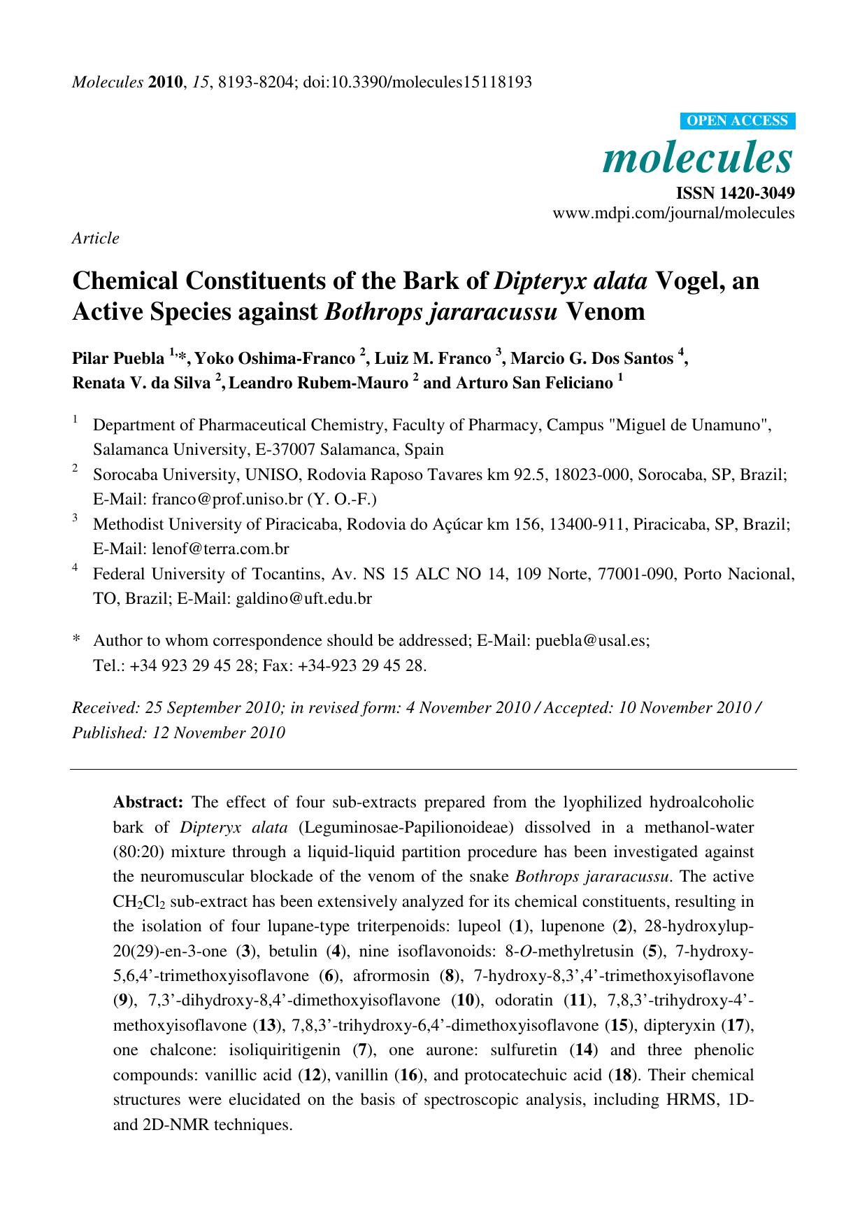 Chemical Constituents of the Bark of Dipteryx alata Vogel, an Active Species against Bothrops jararacussu Venom by unknow