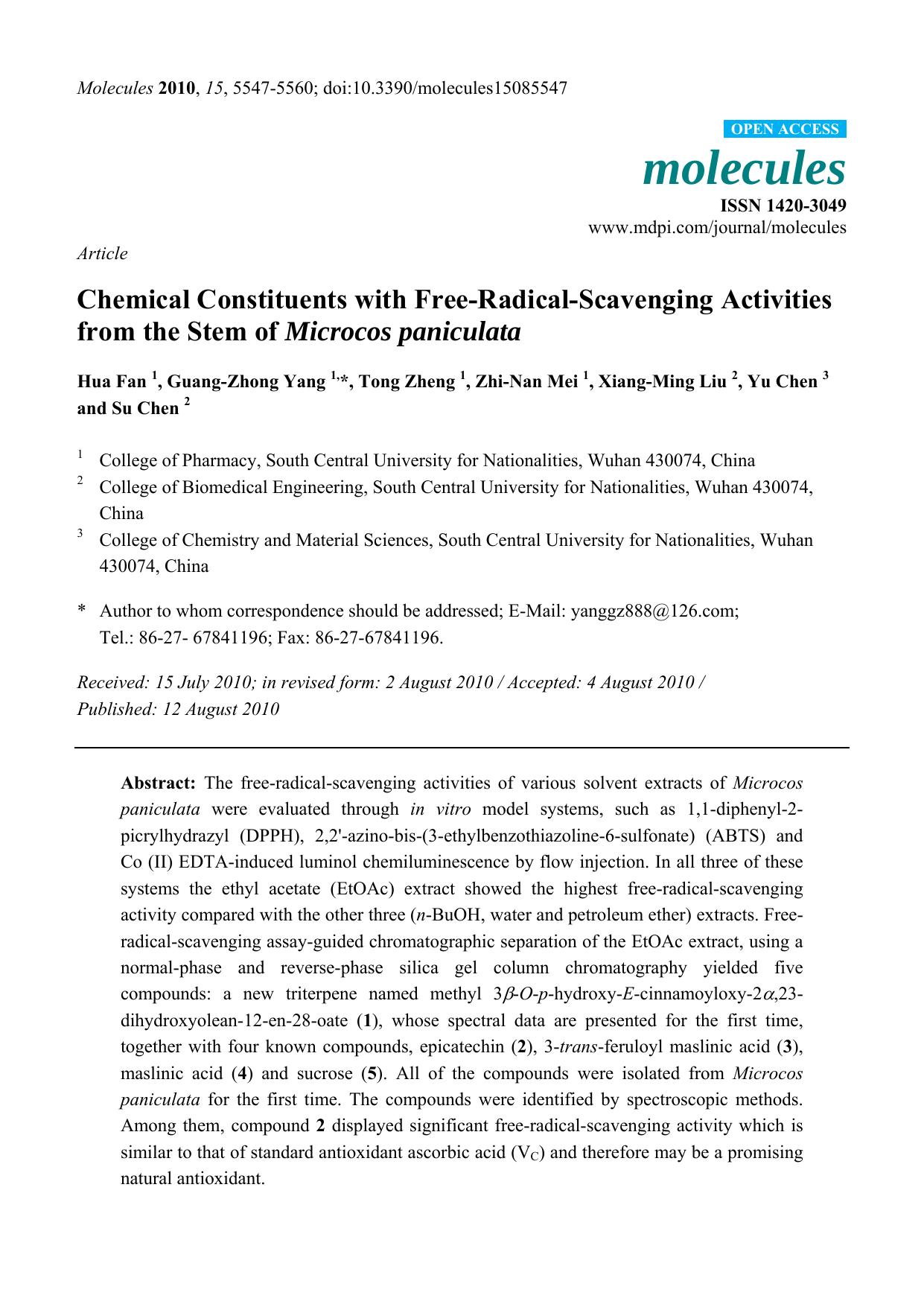 Chemical Constituents with Free-Radical-Scavenging Activities from the Stem of Microcos paniculata by Hua Fan & Guang-Zhong Yang & Tong Zheng & Zhi-Nan Mei & Xiang-Ming Liu & Yu Chen & Su Chen
